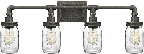 Quoizel Squire - Luces de tocador de 30.5 pulgadas, 4 luces, color negro, rústico, para el espejo, pantallas de vidrio transparente, 100 W, luz