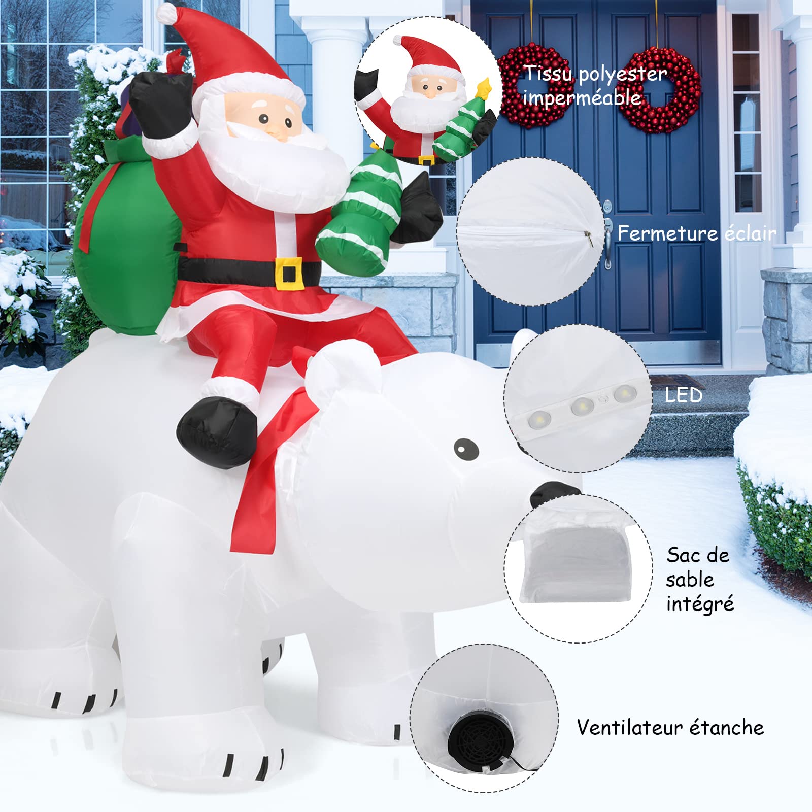 RELAX4LIFE 2M Père Noël Gonflable et Ours Polaire Soufflés, Décoration de Noël Gonflable en Polyester avec 4 Lumières LED pour Jardin & École & Magasin