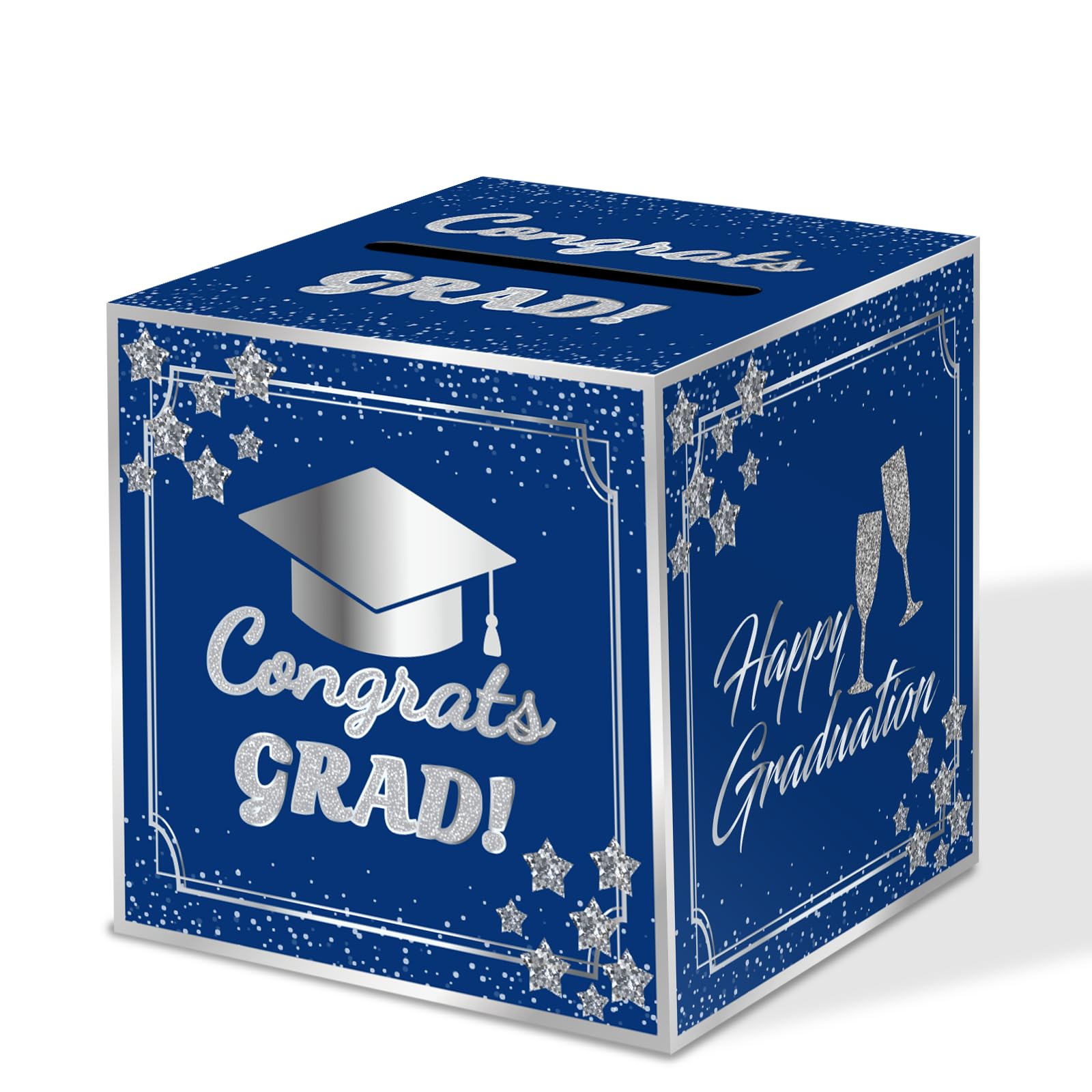 Graduation Card Box 2026 Graduation Party Decorations Congrats Grad Card Boxes Holder for Graduation Gift Graduation Party Favors Decor Party Supplies - Blue silver