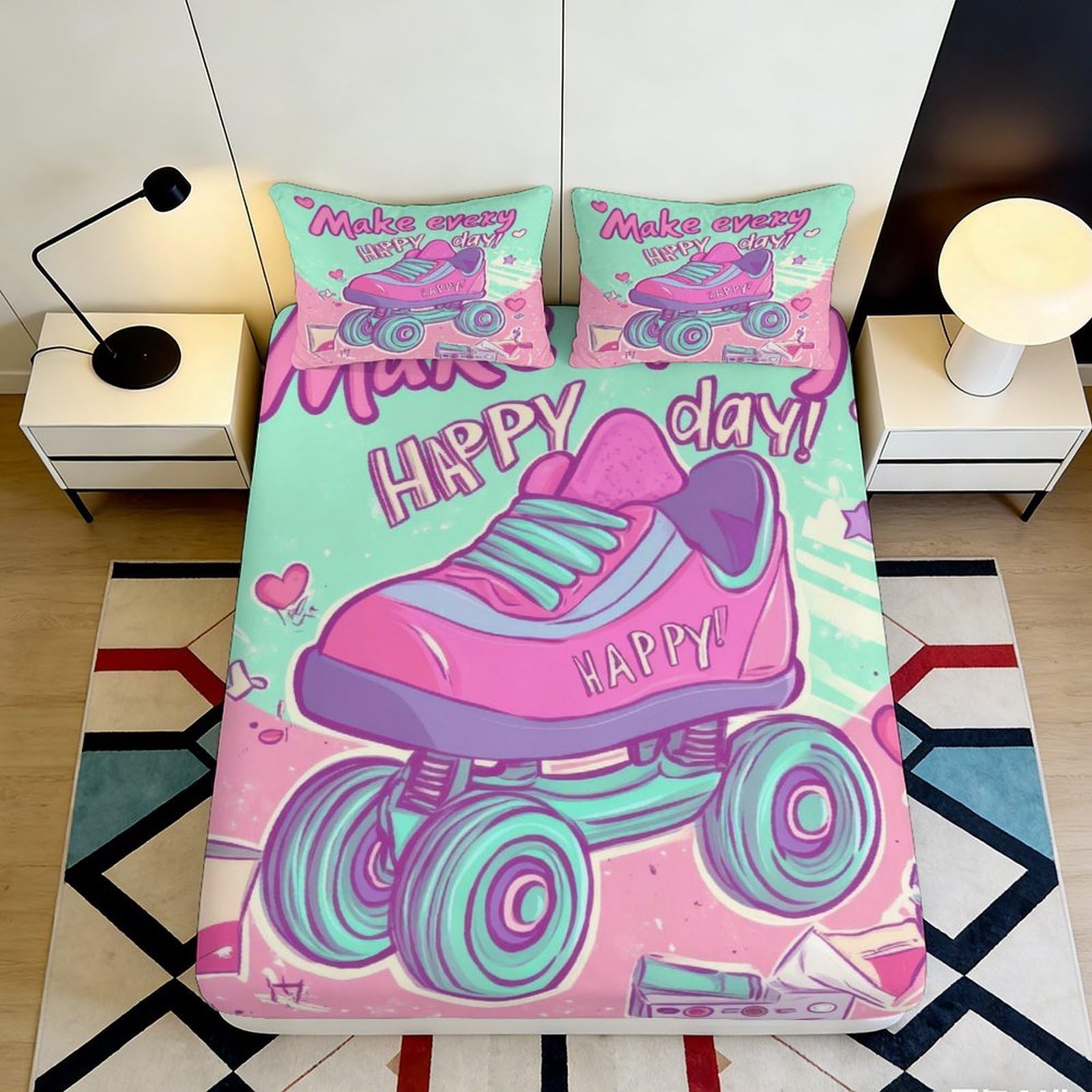 3D Printed Pastel Roller Skate Fitted Sheet Microfiber Soft Breathable Graffiti Bed Cover for Bedroom Dorm Easy Care 90x200x25cm