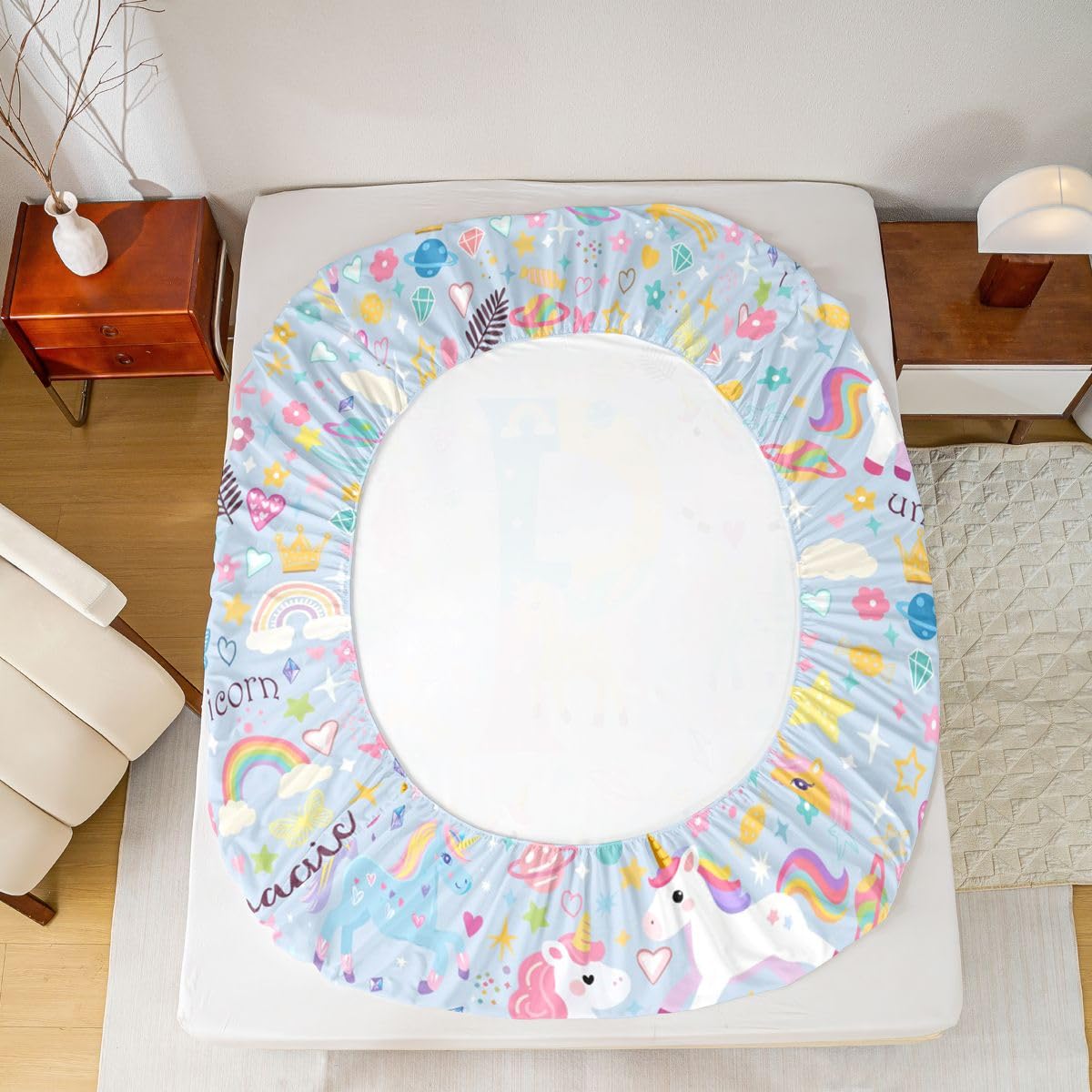 Homewish Niebieski jednorożec prześcieradła z podwójnym monogramem P jednorożec zestaw pościeli uroczy kawaii tęczowy zestaw pościeli - akwarela kwieciste dopasowane płaskie prześcieradła 4-częściowy