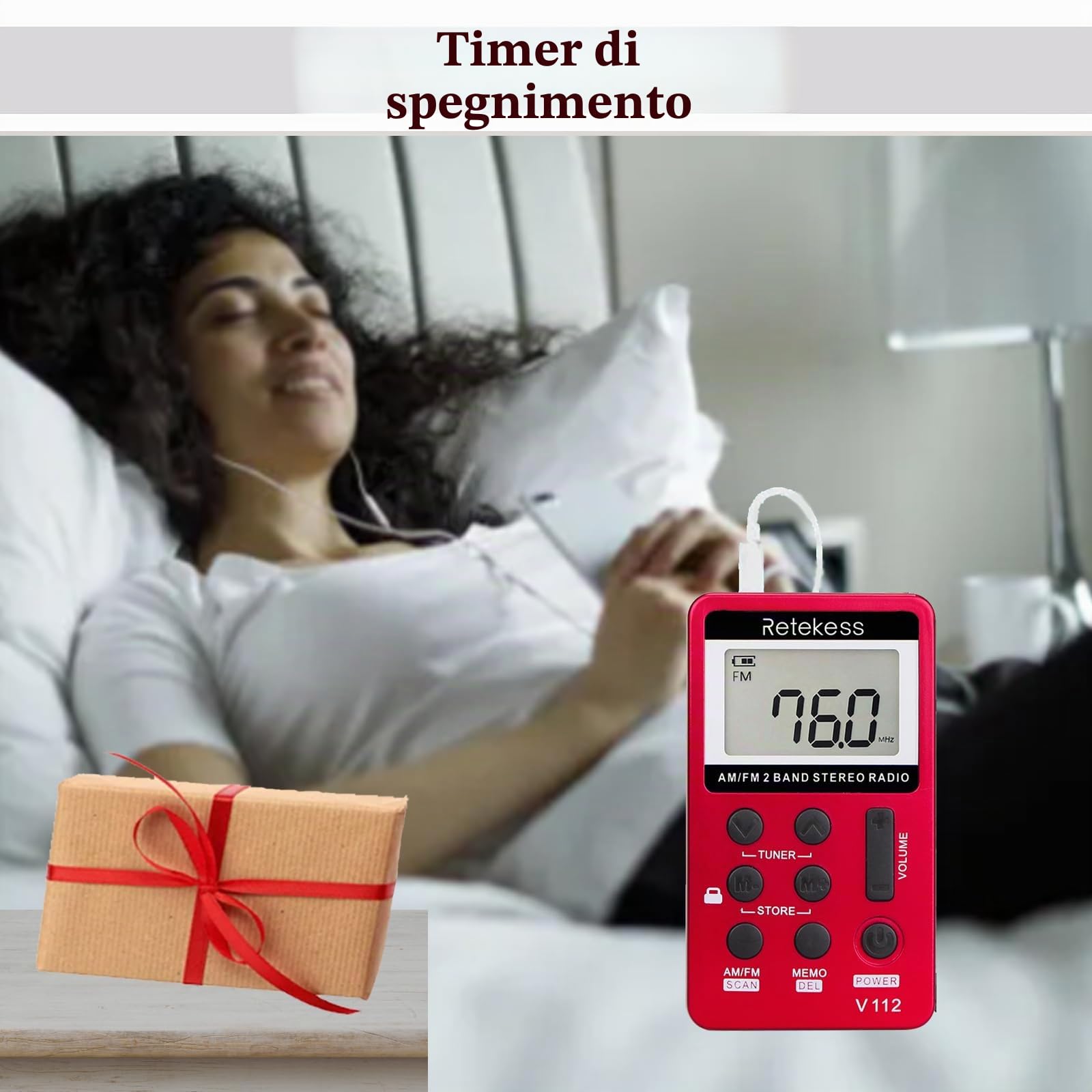 Retekess V112 Mini Radio Portatile AM FM Ricaricabile con Cuffie a Batteria Rosso