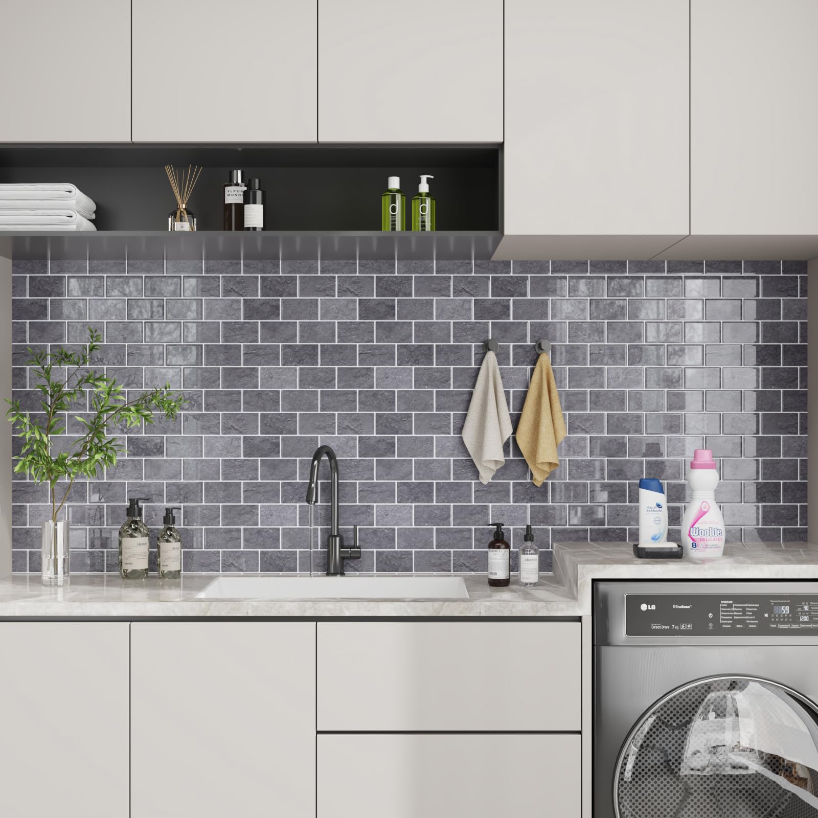 CRE8TIVE 16 Pezzi Piastrelle Adesive Effetto Cemento Grigio Mattonelle Adesive Cucina Autoadesiva Rettangolare Paraschizzi Cucina Piastrelle Adesive Bagno Impermeabile per Lavanderia 30.5cm x 30.5cm