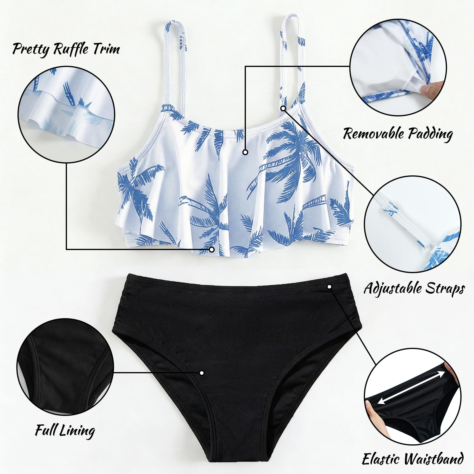 Bikini Set per Ragazze Bambina 2 Pezzi Costume da Bagno Volant Top e Slip da Bagno Tankini con Spalline Regolabili Hawaiano Stampa Costumi da Bagno Piscina Spiaggia per Adolescente 7-14 Anni