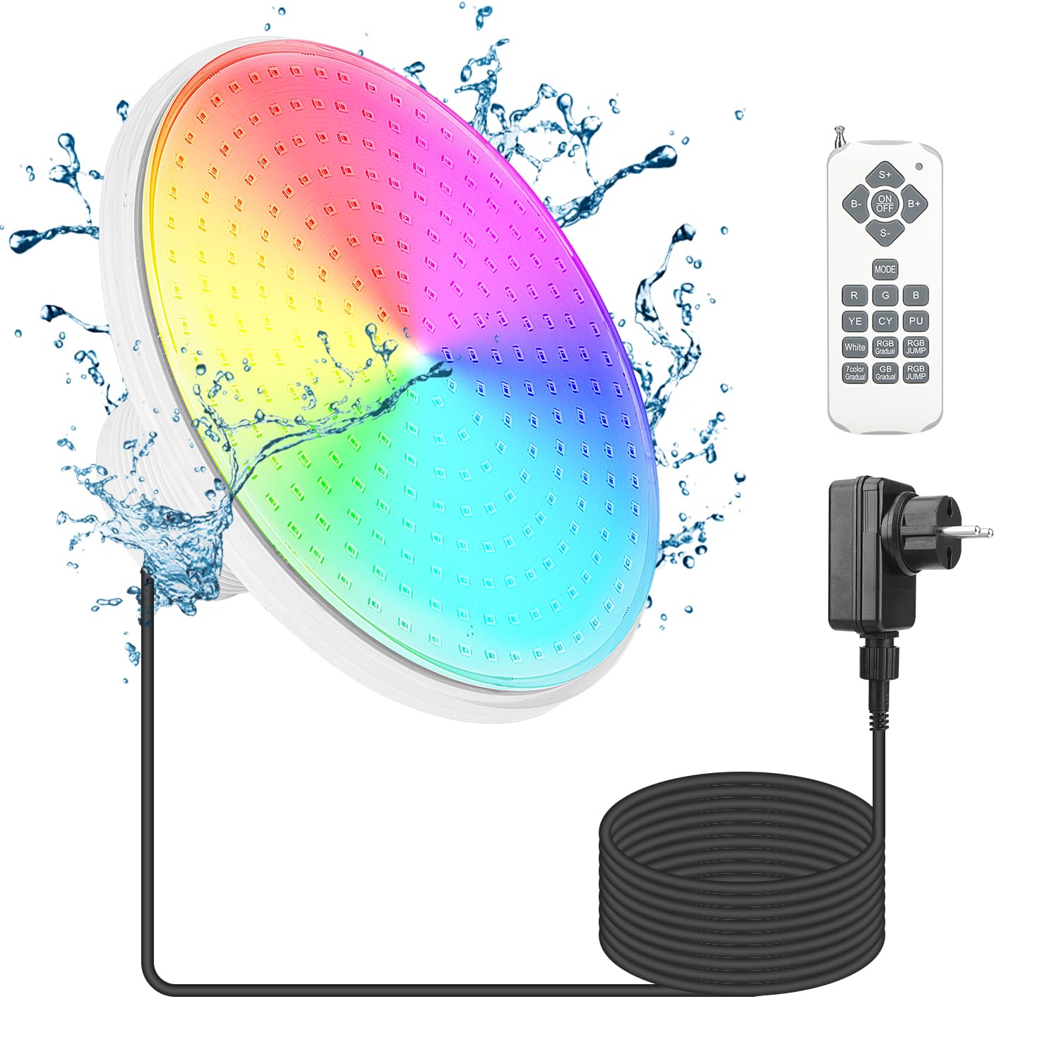 LED Poolbeleuchtung Unterwasser für Aufstellpool, 24W RGB Dimmbar Frame Pool Poolbeleuchtung mit Fernbedienung, 12V LED Unterwasserscheinwerfer mit 7m Kabel, Außengewinde 2 ¼ Zoll