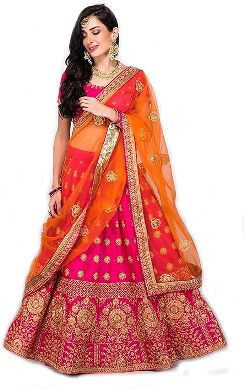 Fast Fashions Women's Tafetta Silk Semi Stitched Lehenga Choli (Pink_Free Size)