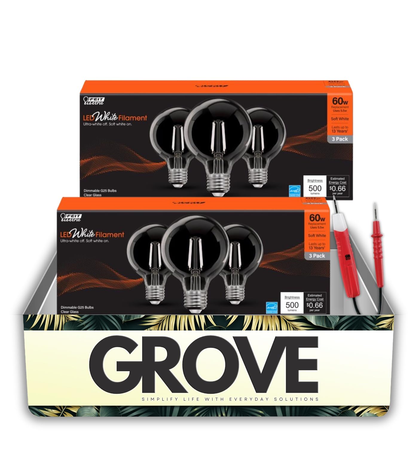 2X Feit G25 E26 Bulb Soft White Equivalence 3 pk Bundle with Gardner Bender 80-300 V Voltage Tester – Filament 60W LED Light Bulbs –Decorative Bulbs for Stylish Lighting – Gift Set (3 Items)
