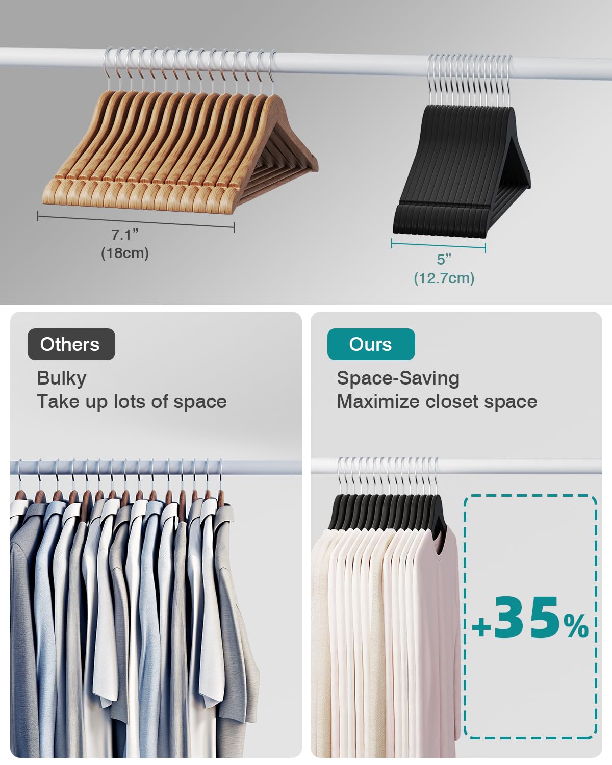 ABHENG 30 Pack Wooden Coat Hangers, 360° Swivel Hook, Suit Hangers with Anti-Slip Notches, Clothes Hangers for Jackets, Shirts, Dress, Black UAWY0530B