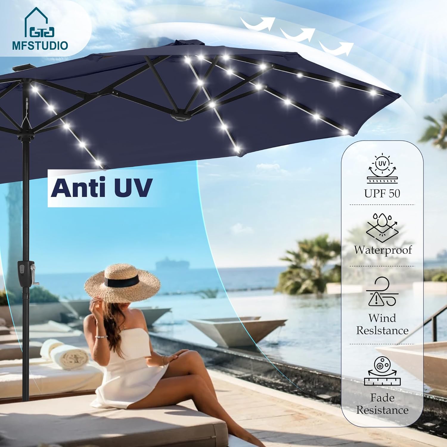 MFSTUDIO 13FT Patio Umbrella with Solar Lights, Double-Sided Outdoor Table Rectangular Umbrellas with120 LED Lights, Hand Crank for Lawn Backyard Pool, Navy Blue