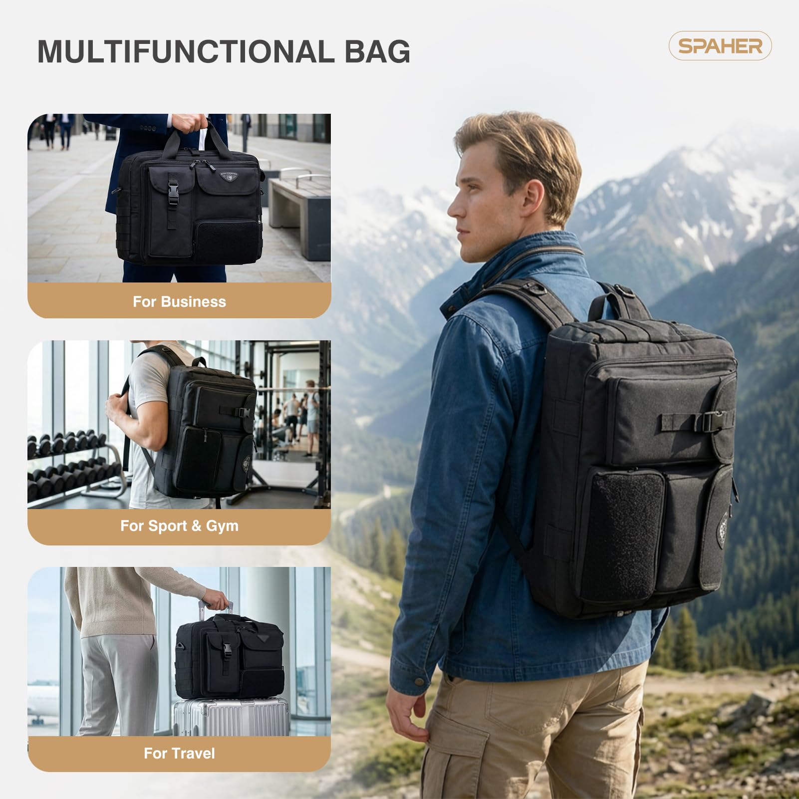 SPAHER 3 in 1 Borsa Porta PC 17,3" Zaino Tattica Borsello Uomo a Mano Nero | Sistema MOLLE, Scomparto per Laptop Imbottito, Oxford Impermeabile, Tracolla Nascosta, per Lavoro Camping Escursioni Viaggi
