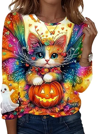 Halloween Shirts for Women Long Sleeve Plus Size Fashion Crewneck Comfortable Tshirts Halloween Costumes for Women