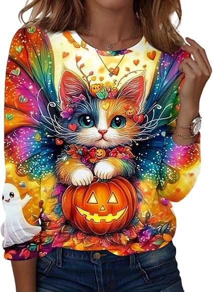 Halloween Shirts for Women Long Sleeve Plus Size Fashion Crewneck Comfortable Tshirts Halloween Costumes for Women