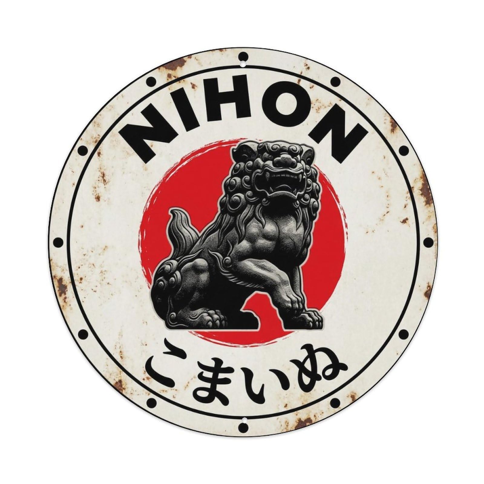 Stone Guardian Nihon Shrine Statue Historic Metal Tin Sign