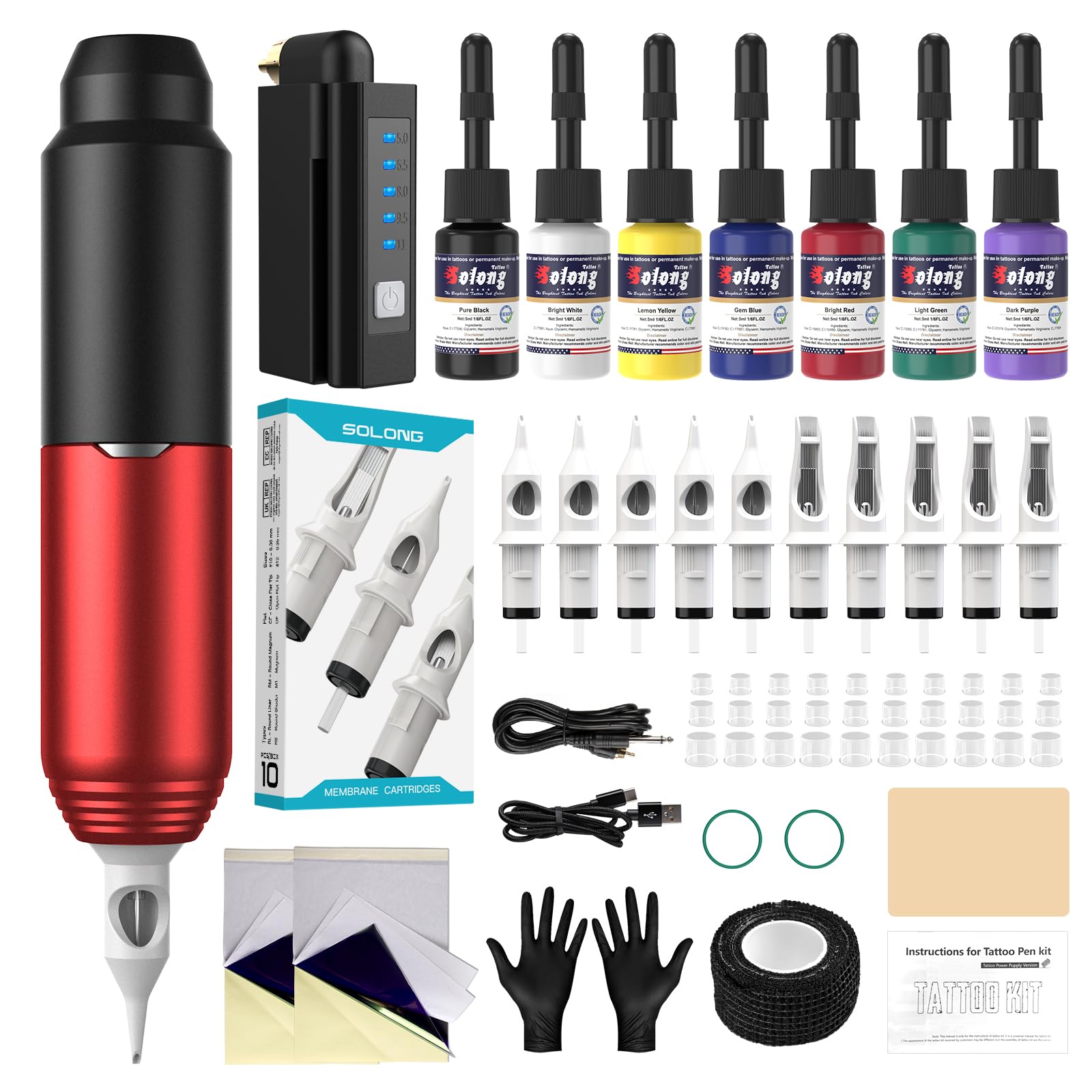 Solong Kit de Máquina de Tatuar SLP51KITEU-2 con 10 Cartuchos de Agujas, 7 Botellas de Tinta y Fuente de Alimentación de 1500mAh