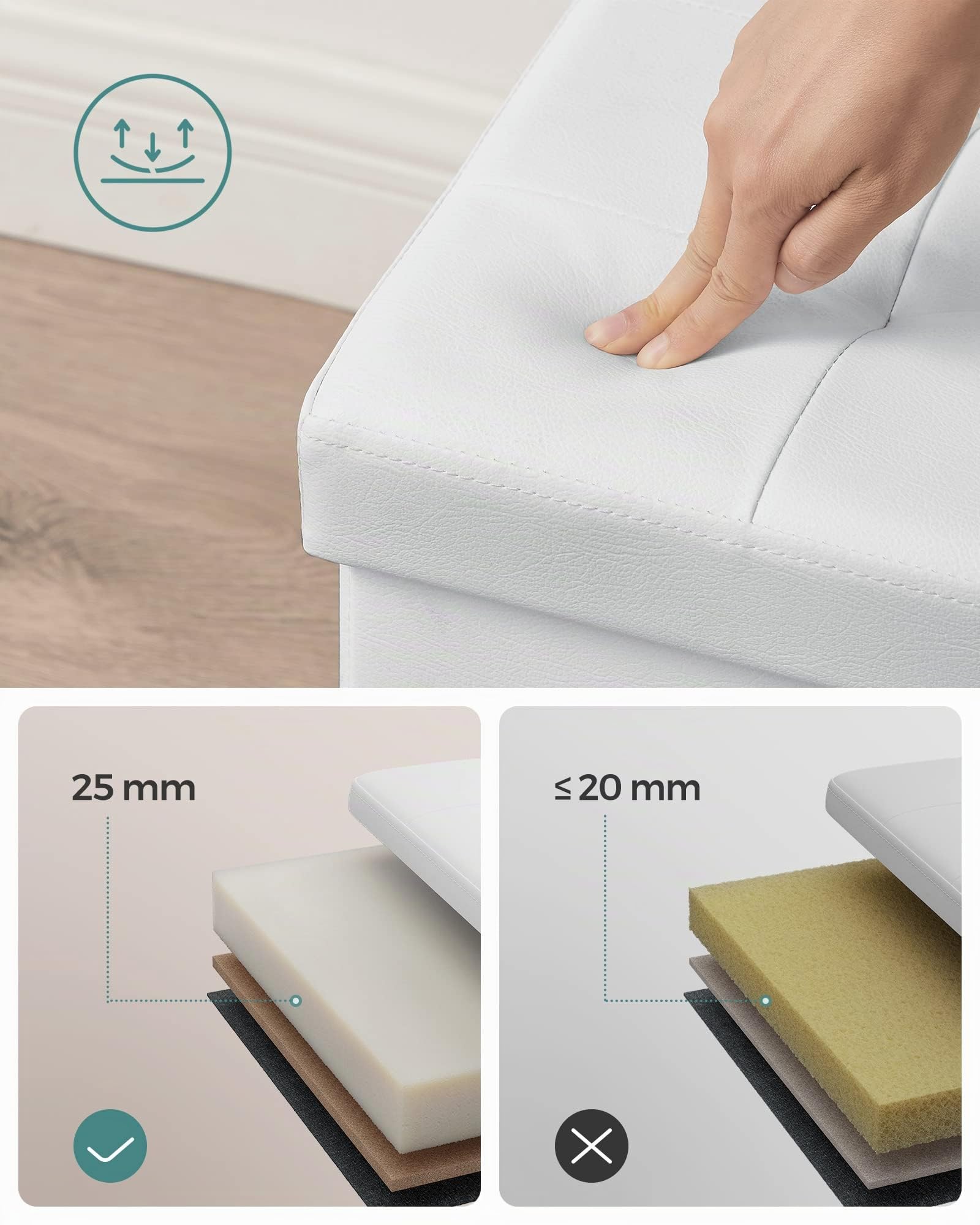 SONGMICS Pouf Contenitore, Cassapanca Contenitore da 89 Litri con Coperchio Ribaltabile, Panca con Sedile Imbottito, Pieghevole, 38 x 76 x 38 cm, Bianco LSF45WT