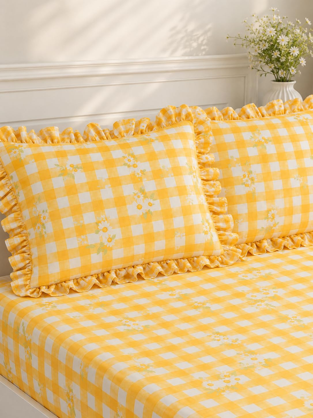 King Size Fitted Bedsheet for Double Bed | 300 TC Cotton Feel Microfiber | All Around Elastic with 2 Frill Pillow Covers | Soft & Durable | (YellowCKFrill, Fitted - 72 x 78 Inch King)-image-0