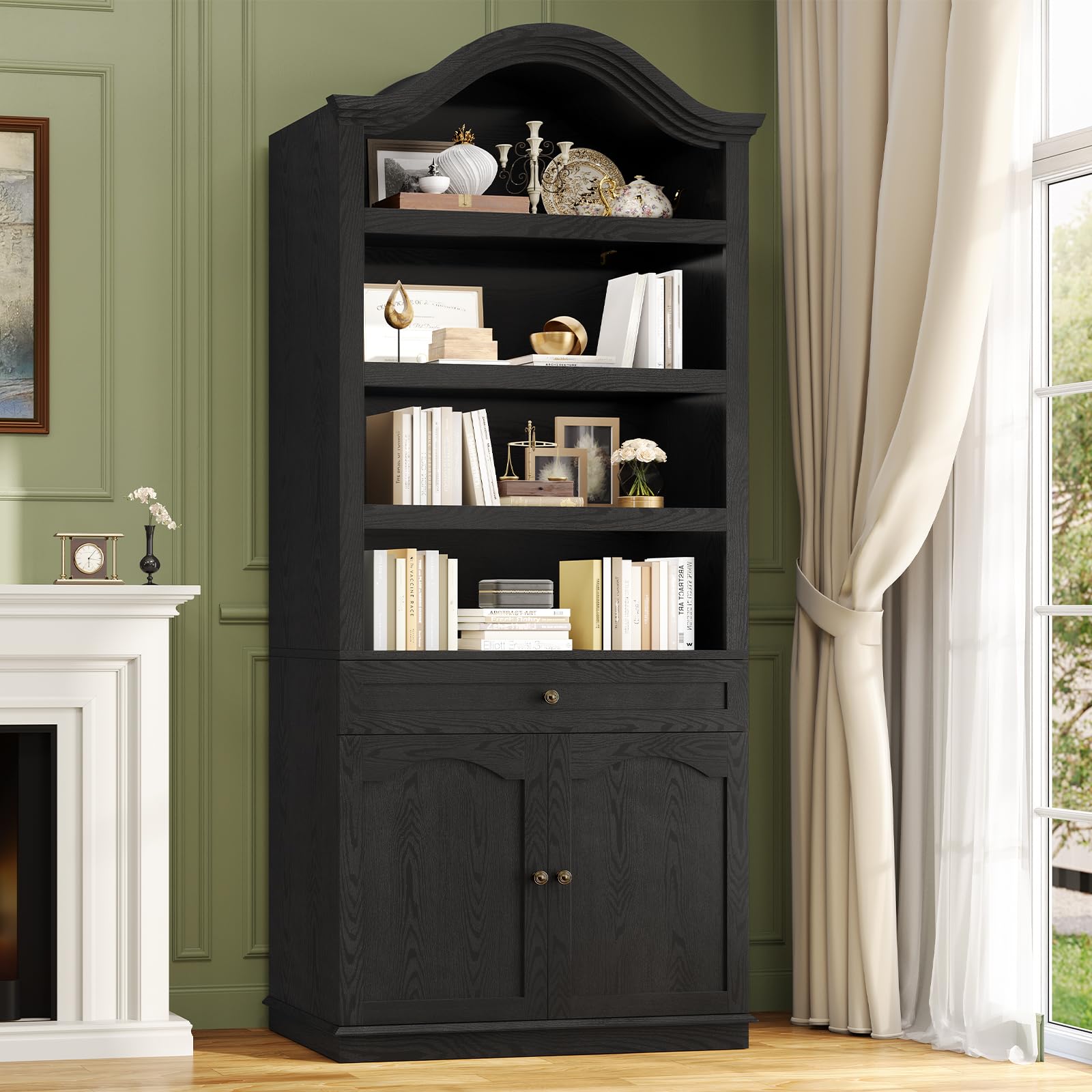 Tall Arched Black Bookcase with Drawer Storage
