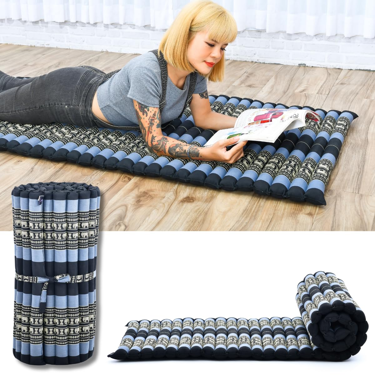 Leewadee - Foldable Floor Mattress - Japanese Roll Up Futon -Trifold Tatami Mat- Guest Floor Bed - Camping Mattress - Thai Massage Mat, Kapok Filled, 75 x 28 inches, Blue