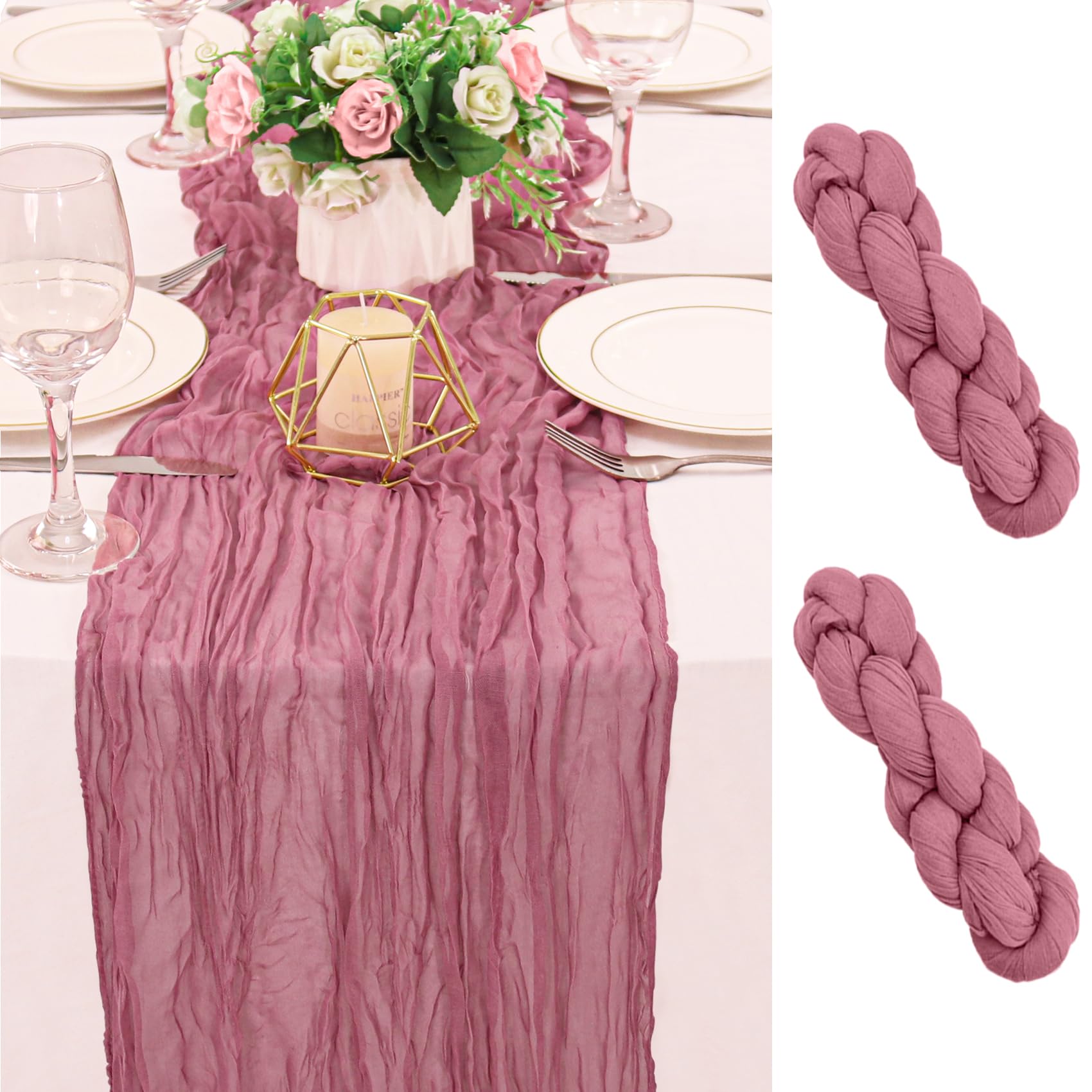 2 Pack 120 Inch Dusty Rose Cheesecloth Table Runner Boho Rustic Gauze Sheer Romantic 10 FT Long Cheese Cloth Table Runner for Bridal Baby Shower