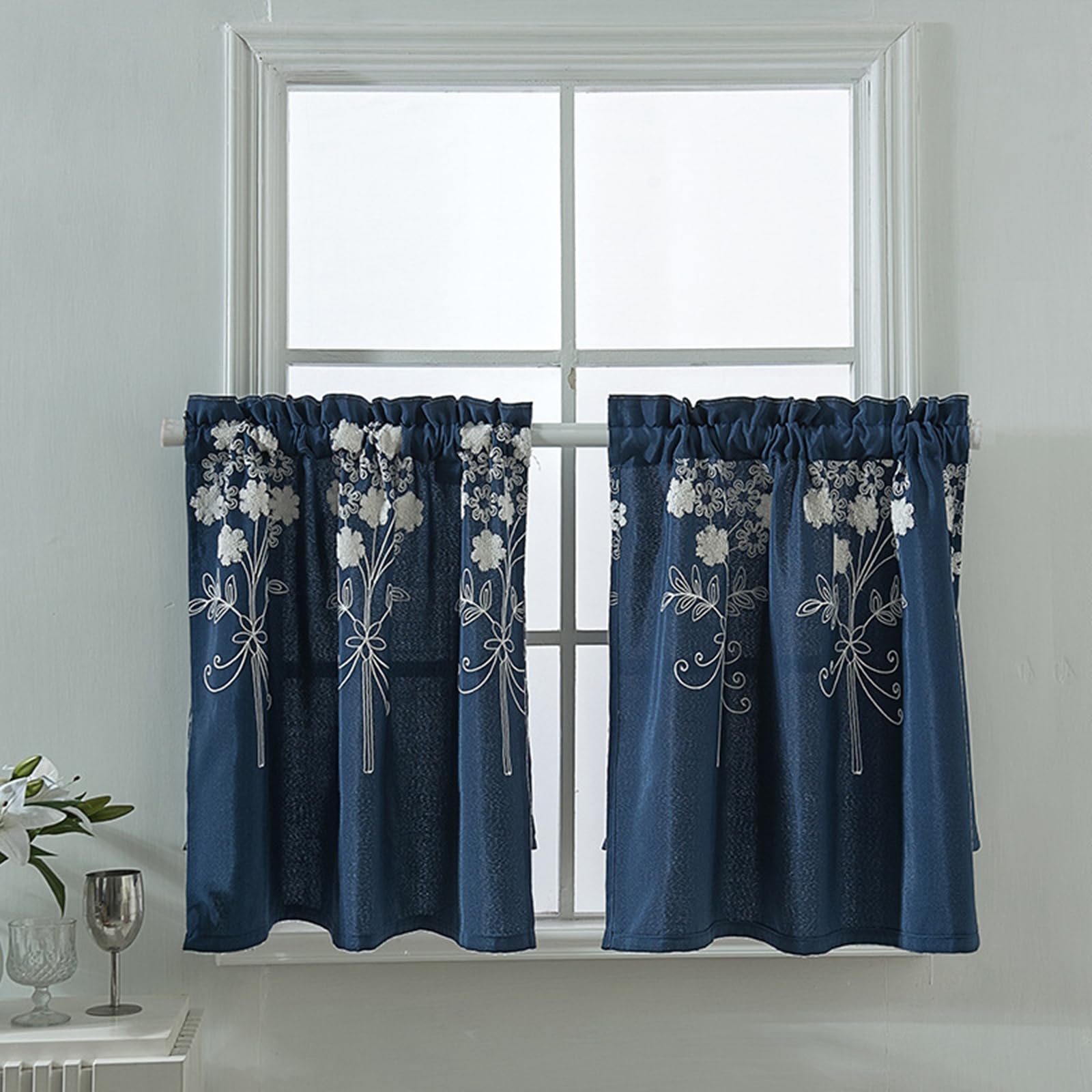 AMDXD Visillo para baño, diseño de flores, hojas bordadas, cortina corta semitransparente, poliéster translúcido, para habitación, oficina, 74 x 61 cm (ancho x alto)