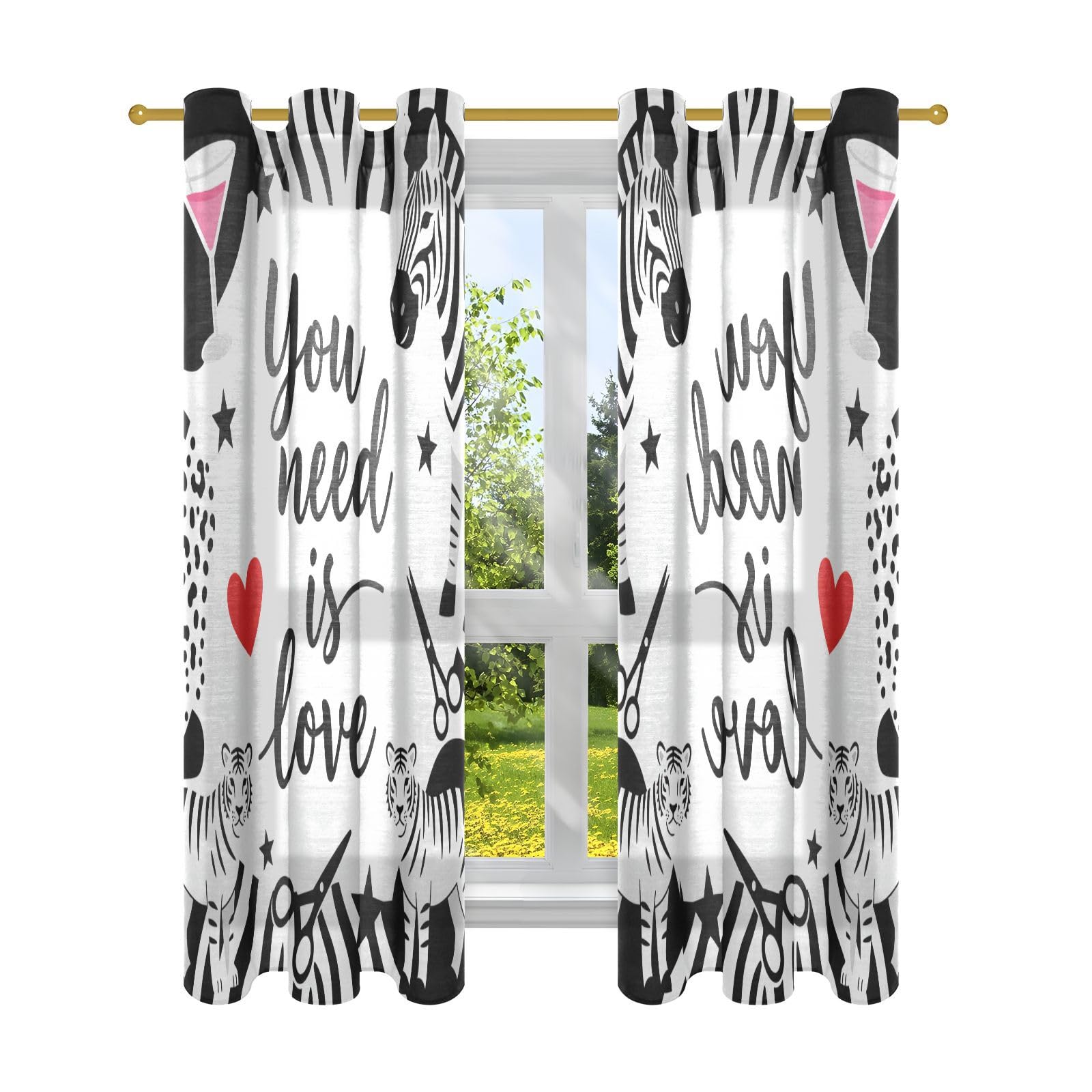 Cortinas largas decorativas para sala de estar, estampado de cebras, corazón de amor, San Valentín, cortinas de 160 cm, cortinas de cocina, juegos de 2 paneles