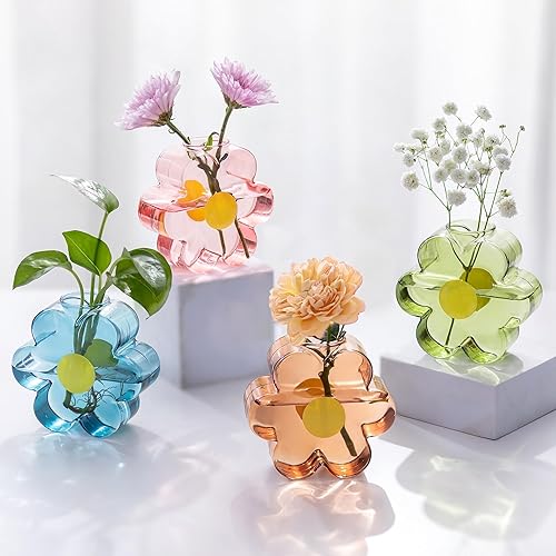 Hewory Jarrones pequeños únicos para flores juego de jarrones coloridos para decoración de estantes para el hogar, bonitos jarrones de cristal para