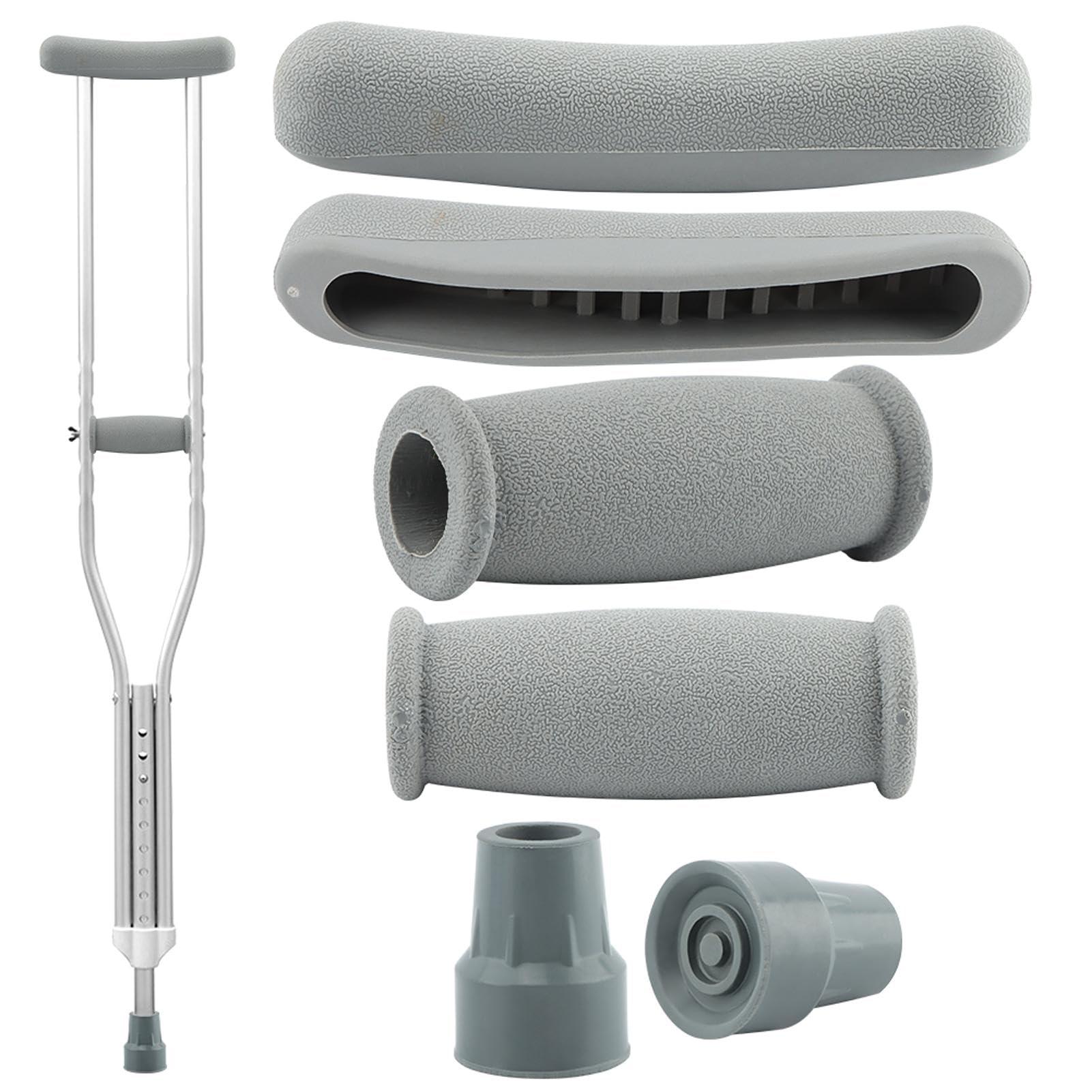 Crutch Pads and Caps Set, 6pcs Comfort Underarm Padded Hand Grips with Replacement Feet Caps, Armpits Hand Grips and Foot Pad Crutches Accessories Kit(Grey)