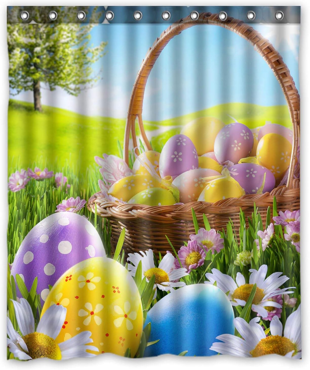 FMSHPON Green Lawn Happy Easter Colorful Clover Eggs Basket Flowers Waterproof Polyester Shower Curtain 60x72 Inches