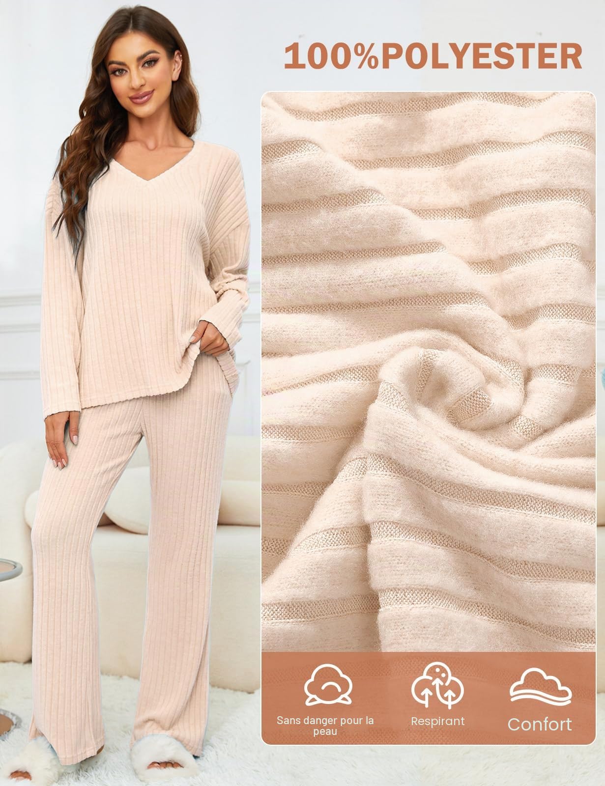 Tuopuda Ensemble Femme Chic et Elegant Pyjama à Manches Longue 2 Pièces Pantalon à Taille Élastique Haut Tricot Vêtement de Nuit Doux Vêtement d'Intérieur Sleepwear