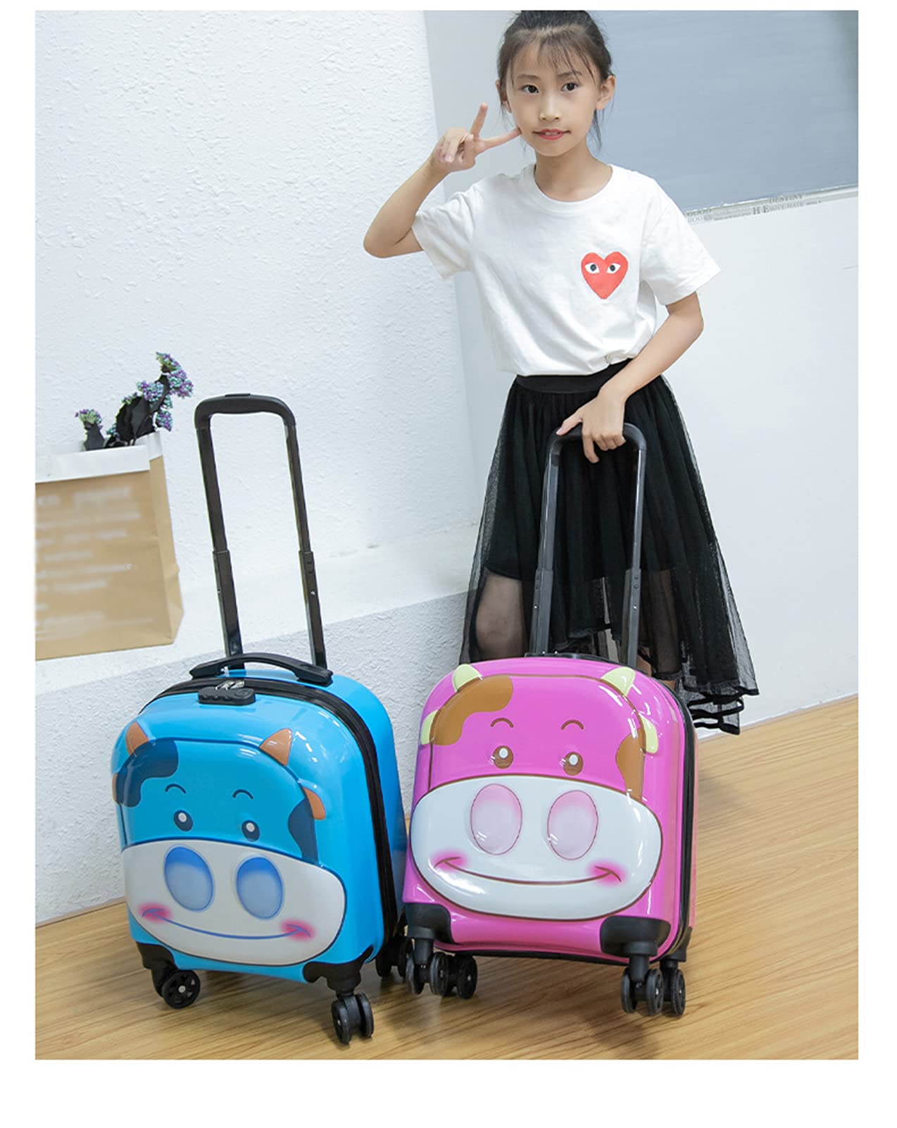 PLMKO 16,5 Zoll Kinderkoffer, Süßes Rinderjungen Mädchen Gepäck, Leichte Hartschalen Reisetrolley Mit 4 Rollen,Rosa