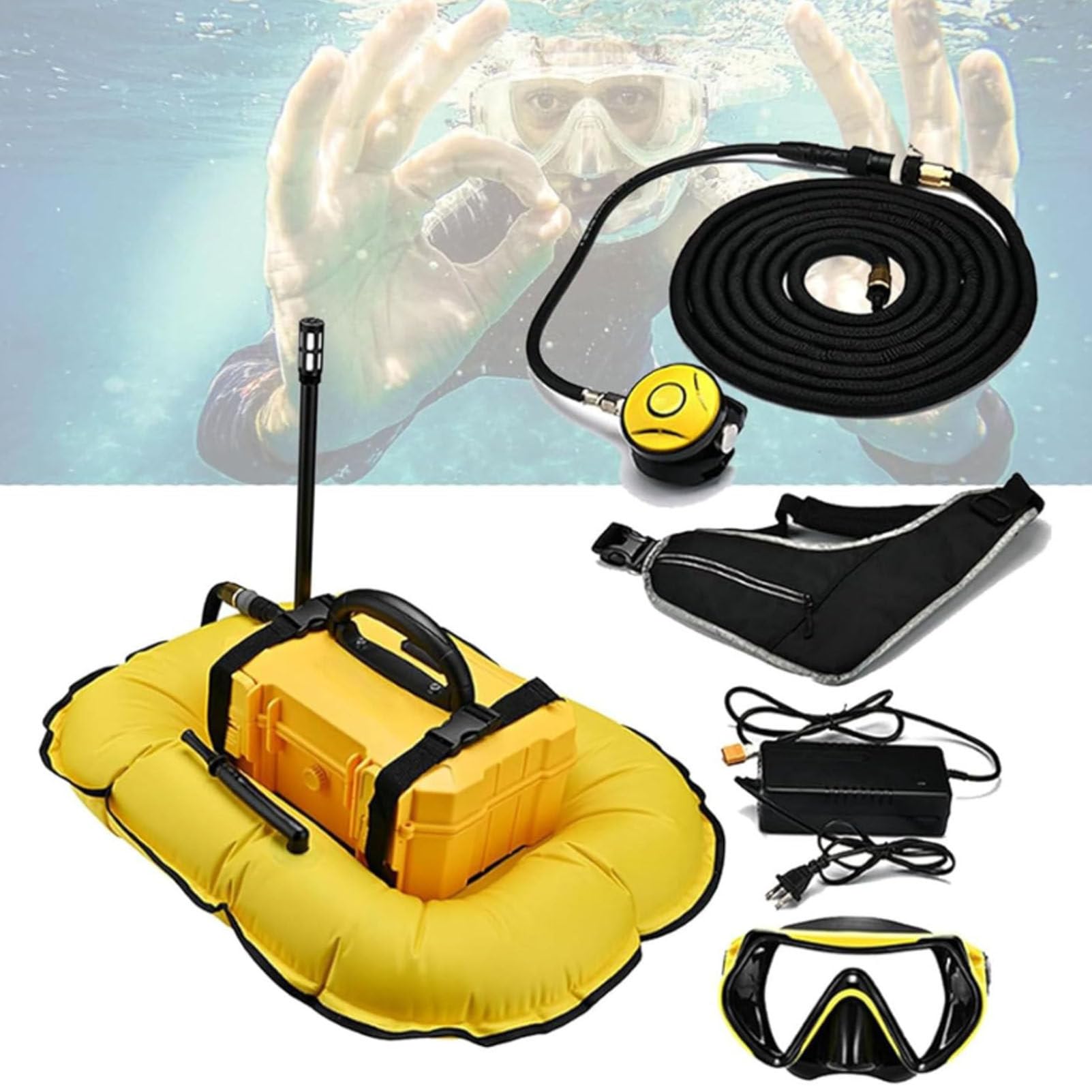 Respirateur de plongée électrique, kit d'équipement respiratoire sous-marin portable et rechargeable pour la plongée sous-marine, refroidissement par circulation d'eau sans fil,Yellow-D3000