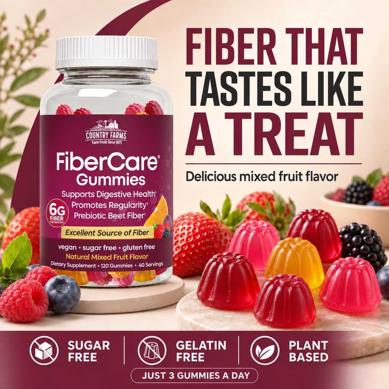 Country Farms Fiber Care Prebiotic Gummies, 6g of Fiber Per Serving, FOS from Beets, Digestive Health, Supports Regularity, Mixed Fruit Flavor — Amazon image 6