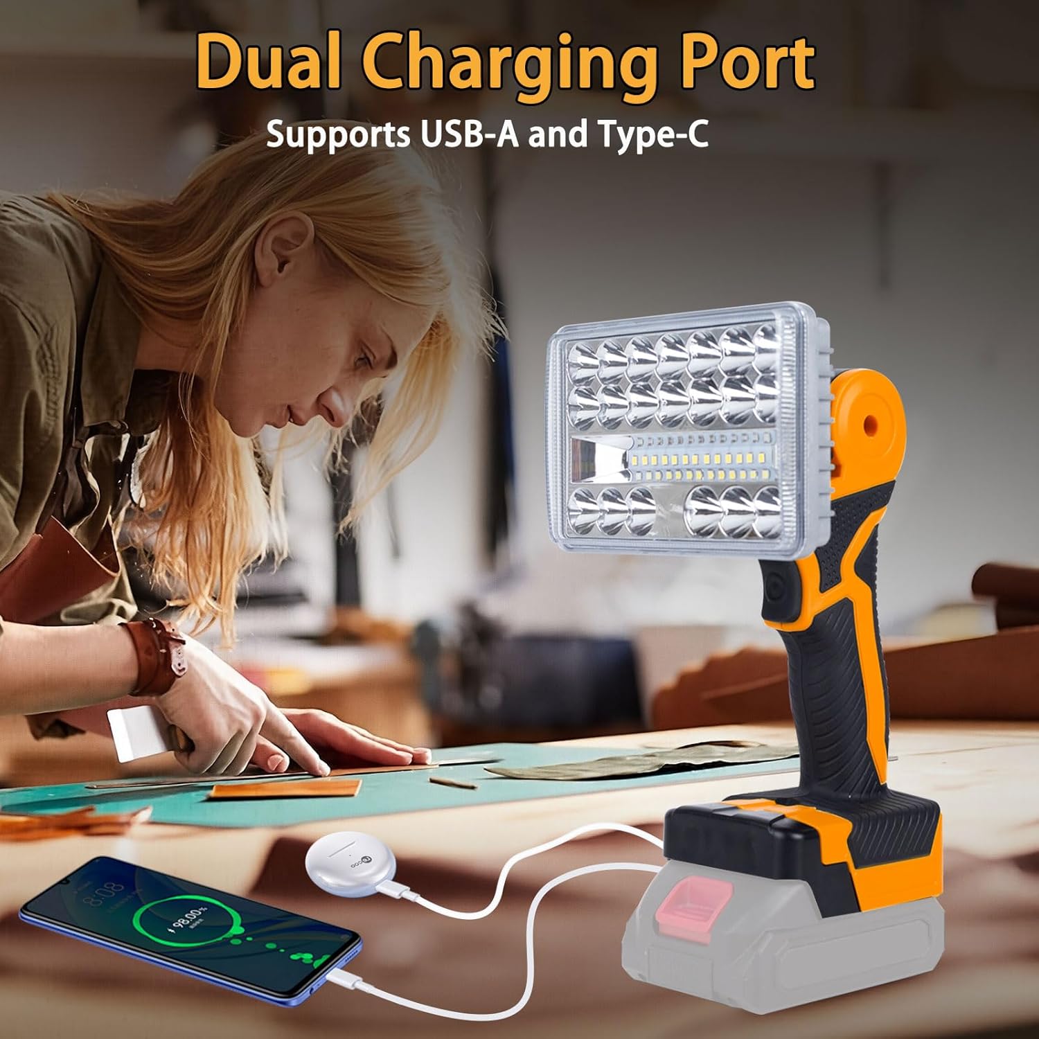 Cordless LED Work Light Compatible with DeWalt 20V Battery Battery, Portable Flashlight Lamp with Charging Phone For Auto Repair, Outdoor, Construction Job Sites & Emergency Use (Bare Tool Only)