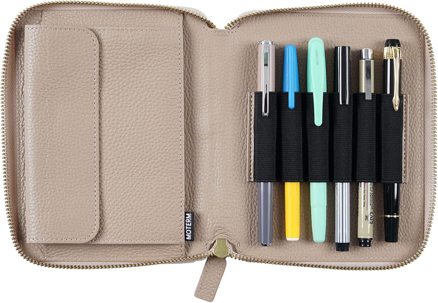 Moterm Leather Zippered Pen Pouch - Fountain Pen Case with 6 Pen Loops and a Snap Pocket (Pebbled-Dusty Rose)