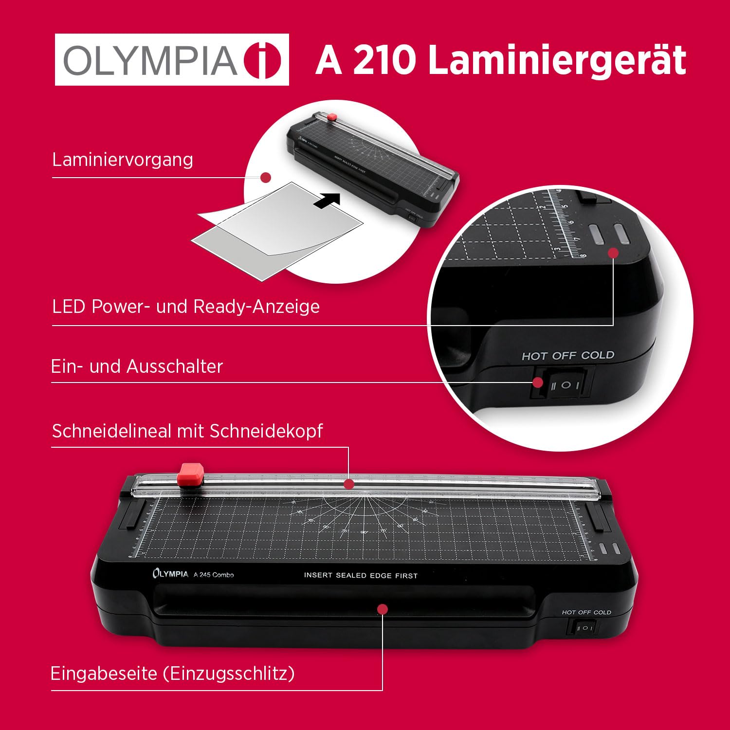 Olympia A 245 Combo 4in1 Laminiergerät | Heiß- & Kaltlaminator | Laminierset für A4 | integriertes Schneidelineal | Laminierfolien-Set & Eckenrunder | Schnelle Aufheizzeit | A4 Dokumentengröße