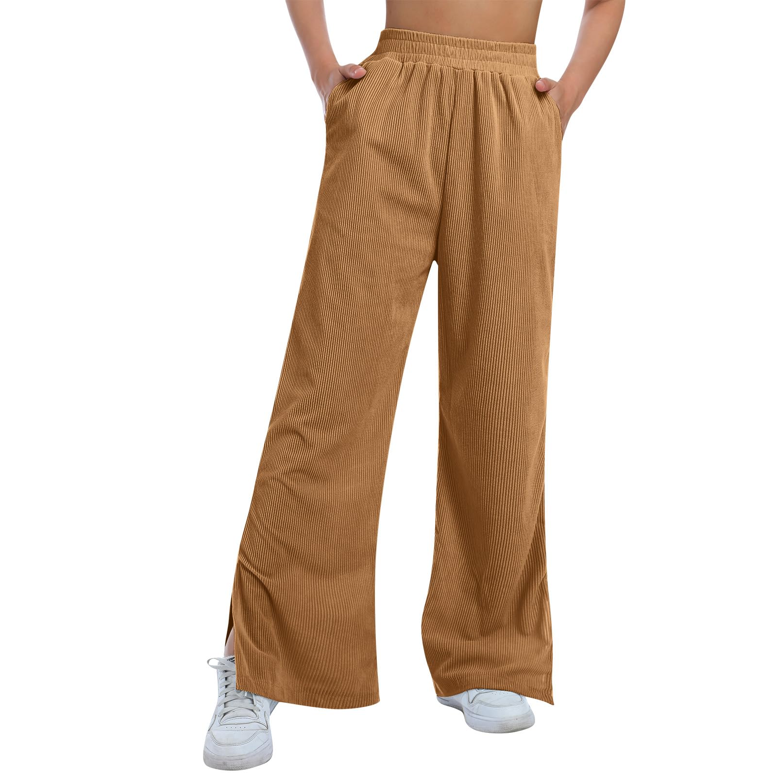 ODIZLI Womens Corduroy Wide Leg Pants High Waist Solid Bottom with Pockets Slit Trousers