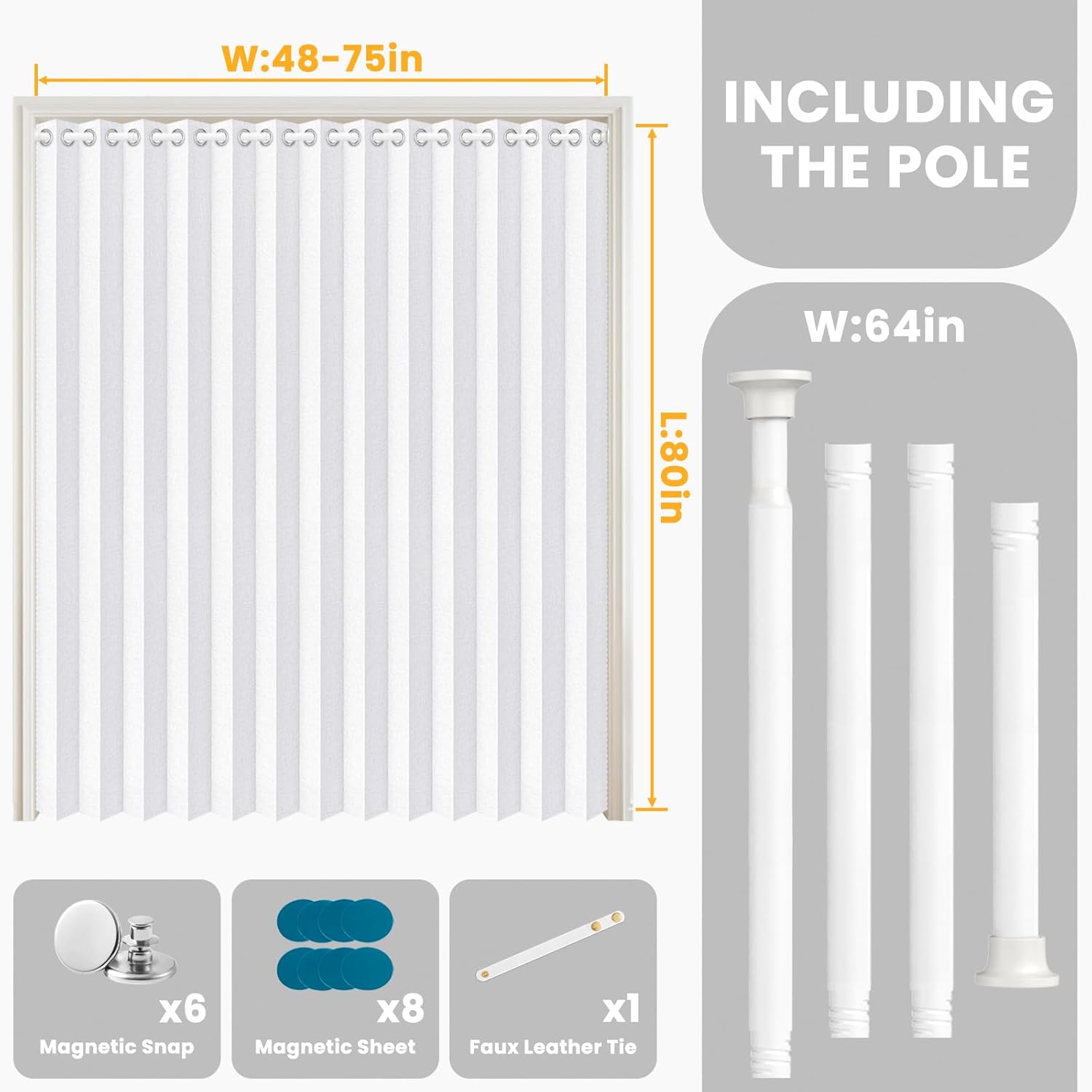 AJAZZ 100% Blackout Magnetic Door Curtain Patio Door Curtain Invisible for Bedroom Living Room Accordion Doorway Sets Included Rod, 1Pack, W75 x L80 Inch, White