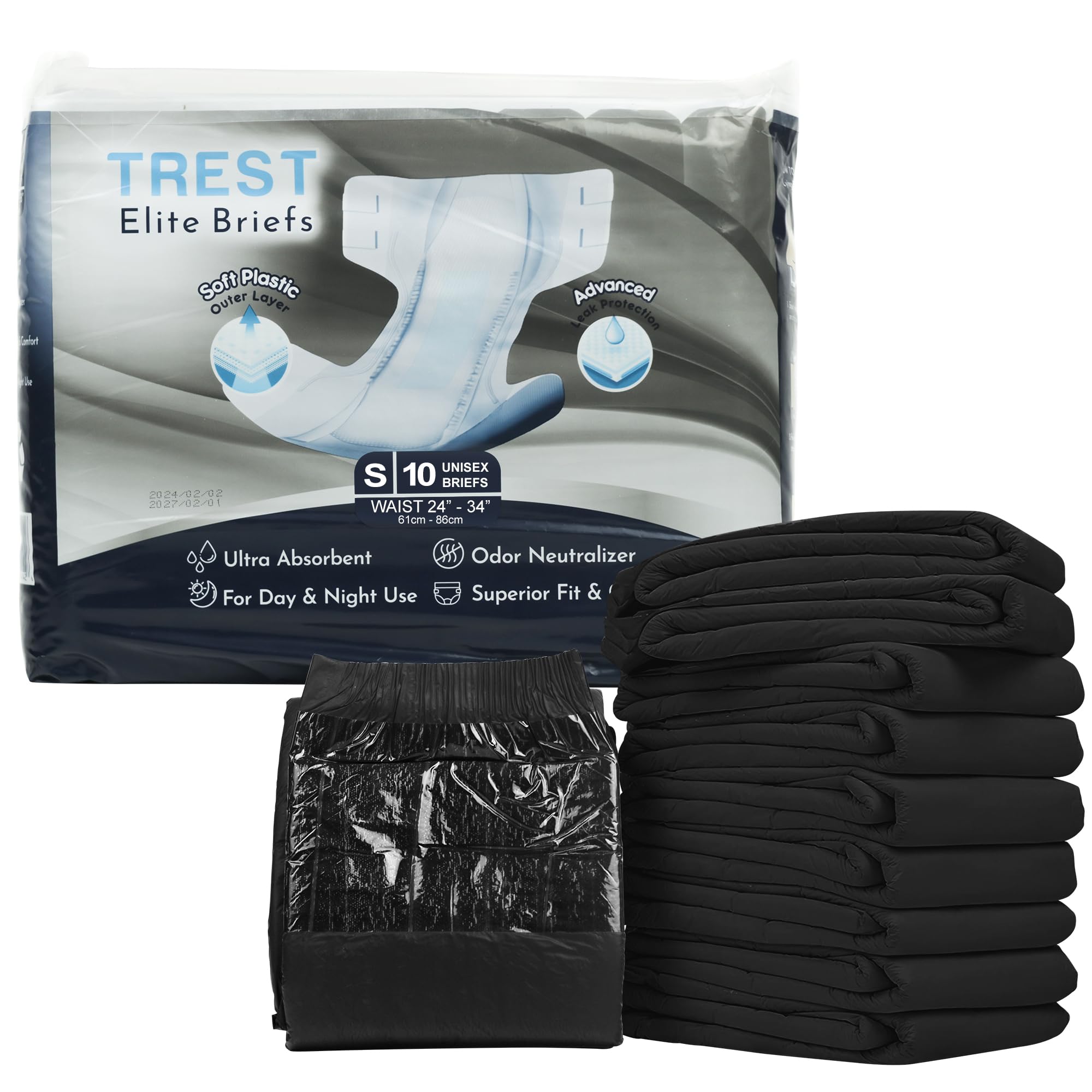 Trest Elite Briefs for Men and Women, Overnight Diapers for Incontinence, Elite Absorbency, Comfortable, Odor Neutralizing and Secure Fit with 2 Wide Tabs - Black, Small (Pack of 10)