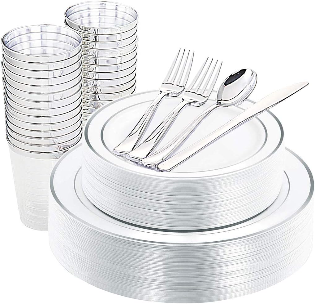 DaYammi 175pcs Silver Disposable Plastic Plates&Cutlery 25 of each: Dinner Plates/Salad Plates/Knives/Spoons/Cups+ 50 Plastic Forks. Thanksgiving, Wedding, Party Decoration Favors