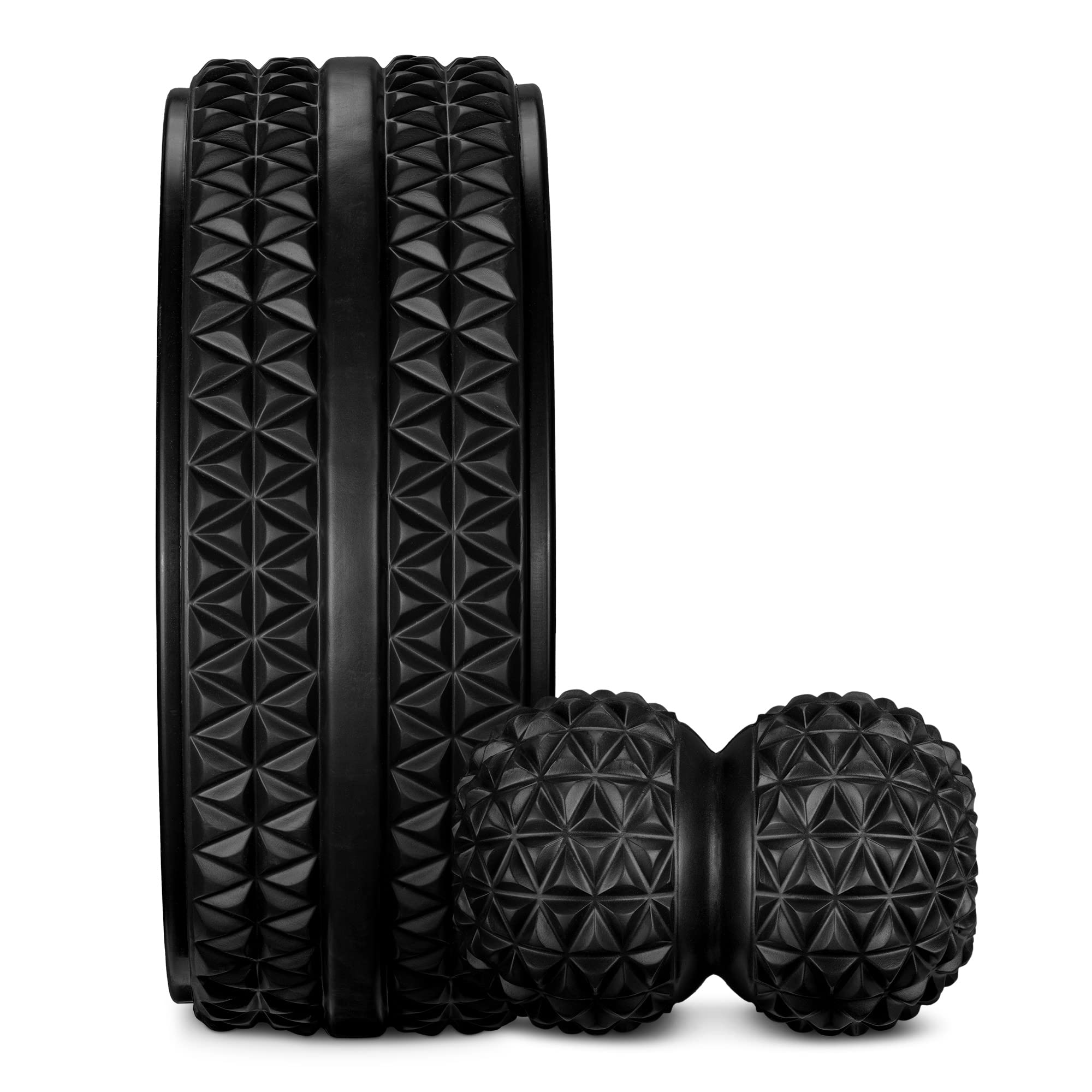 Navaris Set de Yoga y Pilates - Kit Texturizado Doble de 1x Rueda y 1x Bola de Masaje - 1x Aro de Ø 33 cm con 1x Pelota Doble para masajes - Negro