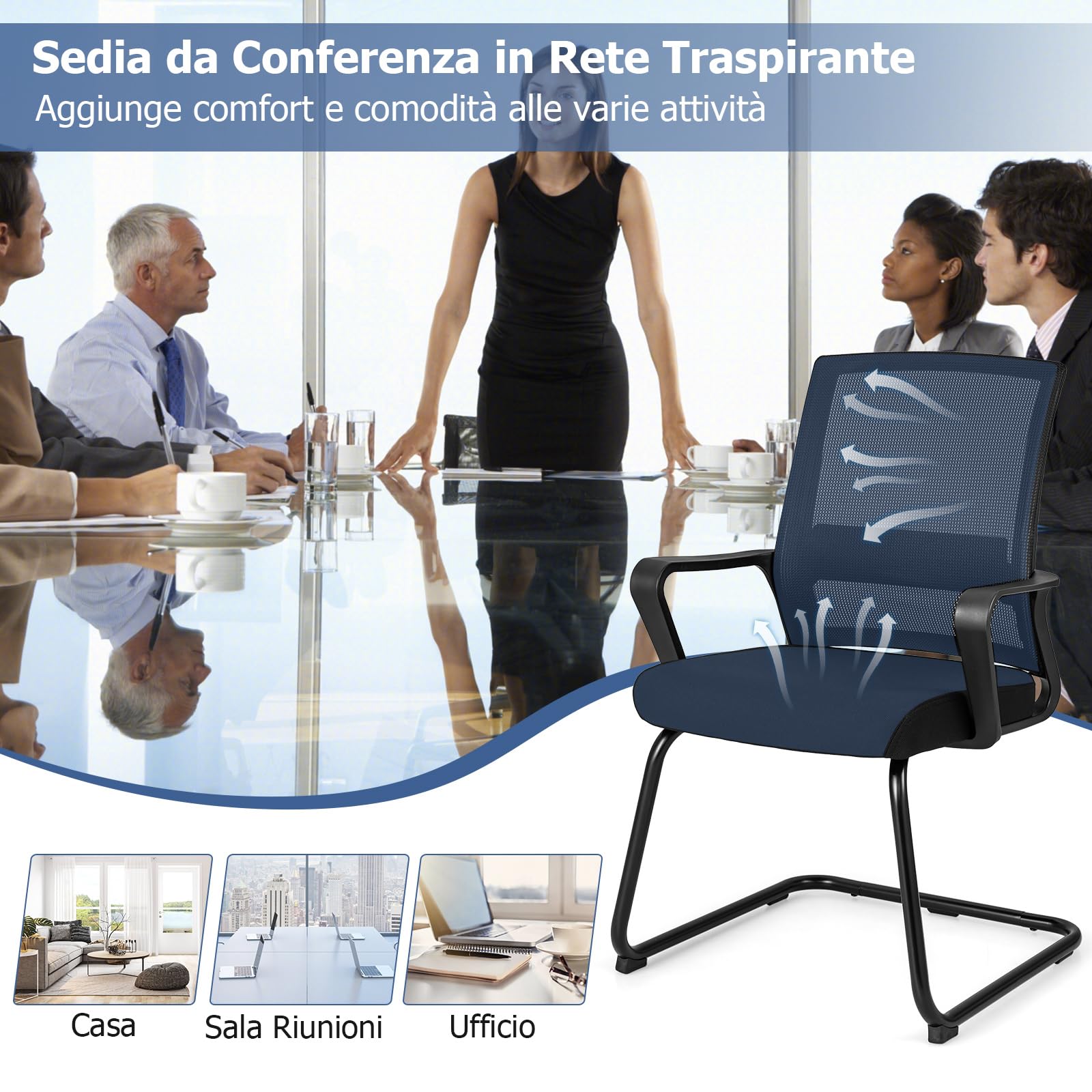 COSTWAY Sedie Sala d'Attesa con Braccioli, Poltrona da Ufficio con Struttura in Metallo, Sedia Imbottita Senza Ruote, per Ospiti per Ufficio Riunioni Conferenza, 62 x 59 x 94 (2)