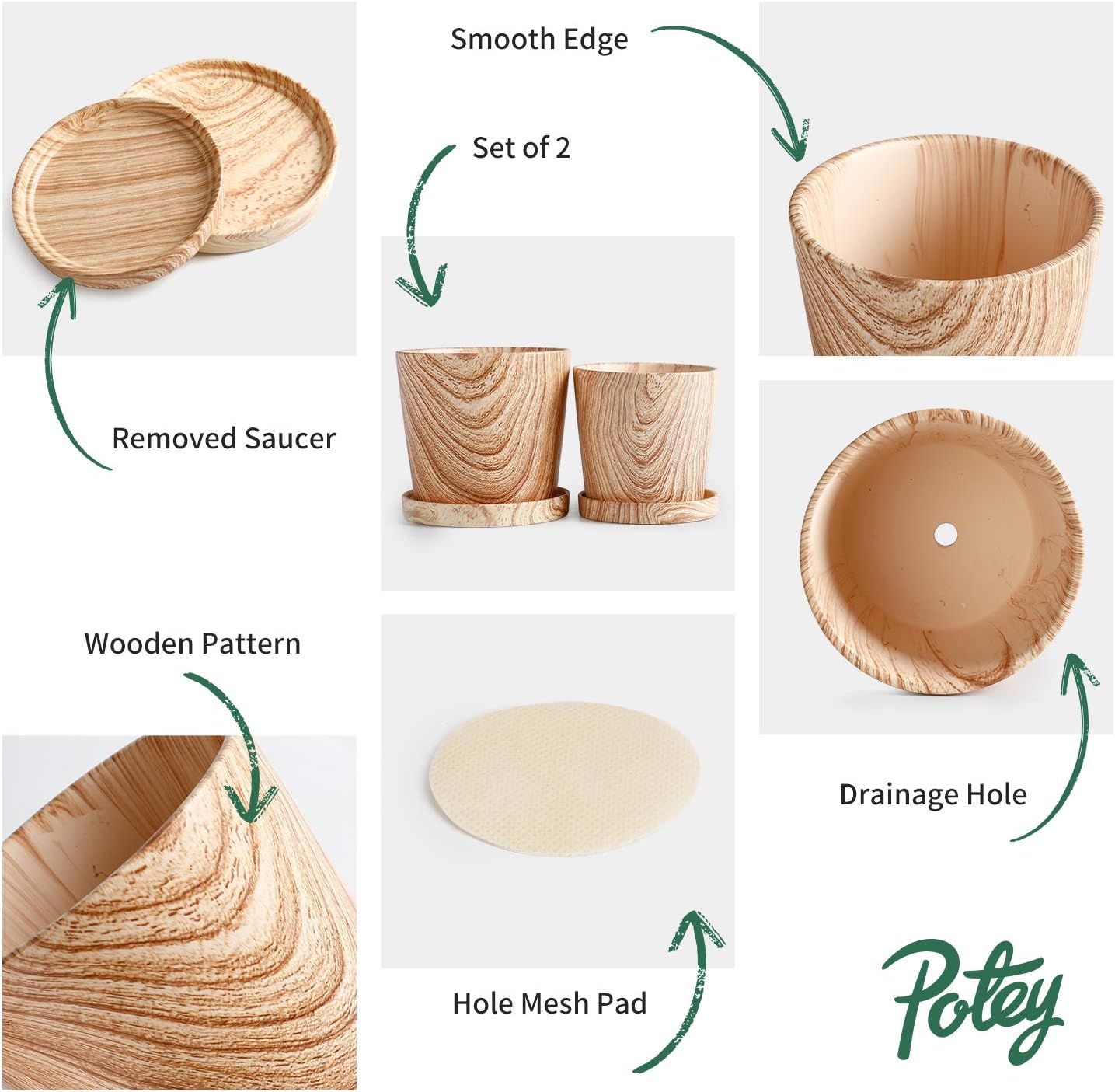 POTEY Ceramic Pots for Plants, 5.7 + 4.8 inch Plant Pots Indoor Medium Garden Flower Aloe Planter Planting Decor with Drainage Hole and Saucer - Set of 2, Unglazed, Nature Wood Texture 202121
