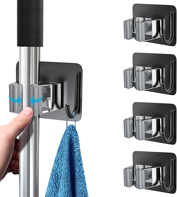 Mop Broom Holder, Homeasy 4 Pcs Stainless Steel Self Adhesive Mop Holder Wall Mounted with Hooks Hanger Self-Adhesive Broom Holder for Bathroom, Kitchen, Office, Closet, Garden Garage(Black Mix)