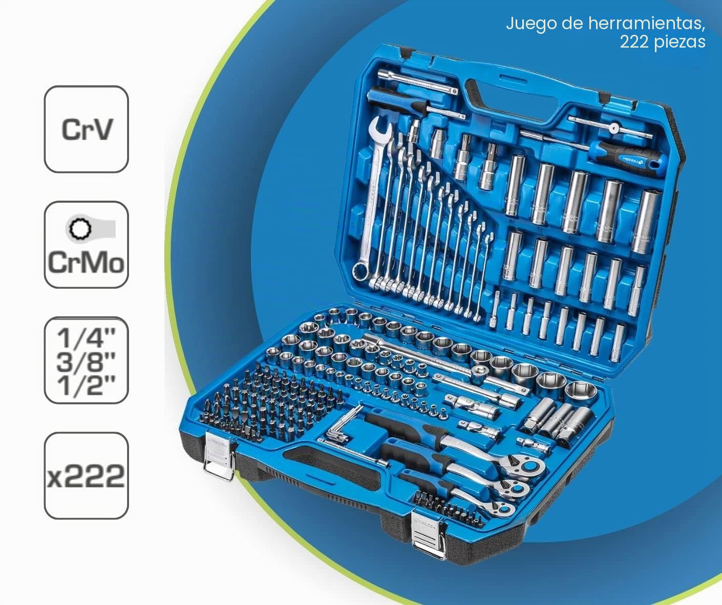 Högert Technik - Caja de Herramientas, Juego de Herramientas, Maletin Herramientas, Llaves de Vaso, Puntas y Accesorios, Acero Cr-V, Mecanismo de Carraca con 72 Dientes - HT1R444, 222 Piezas