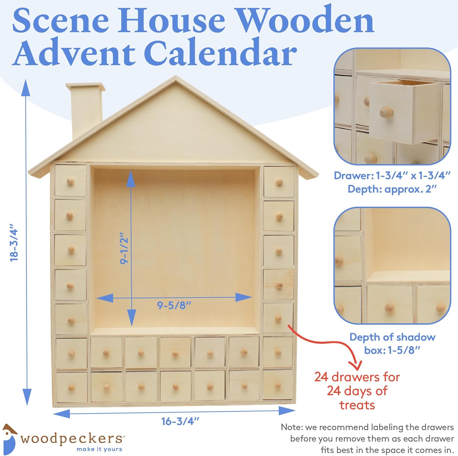 Advent Calendar 2024, Wooden Advent Calendars, Scene House 18 3/4" x 16 3/4", Pack of 1 Christmas Advent Calendar 2024 With 24 Empty Drawers for Crafts, by Woodpeckers