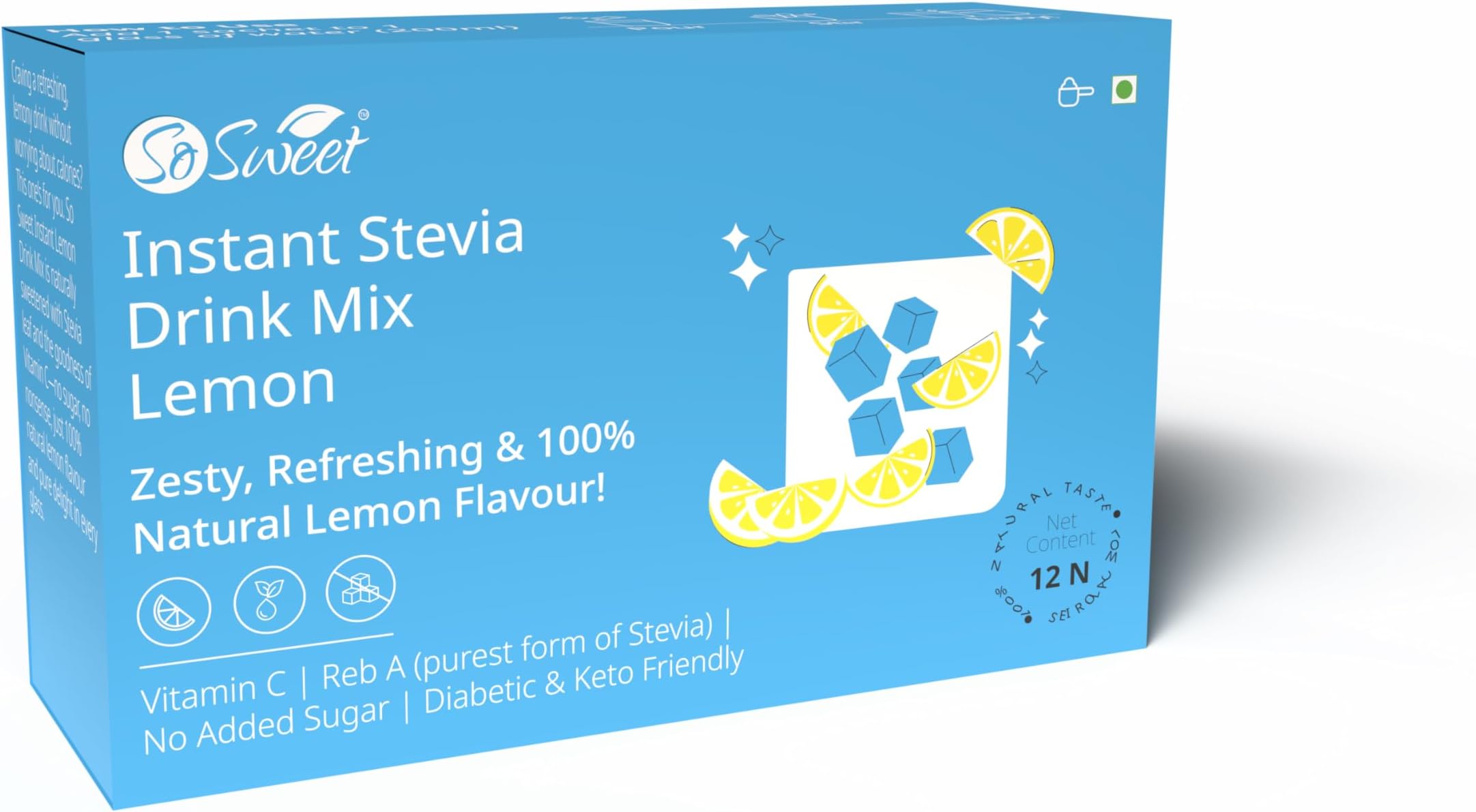 So Sweet Stevia Lemon Instant Drink Mix Sugar Free | Zero Calories| Enrich with Vitamin C | 12 Sachets