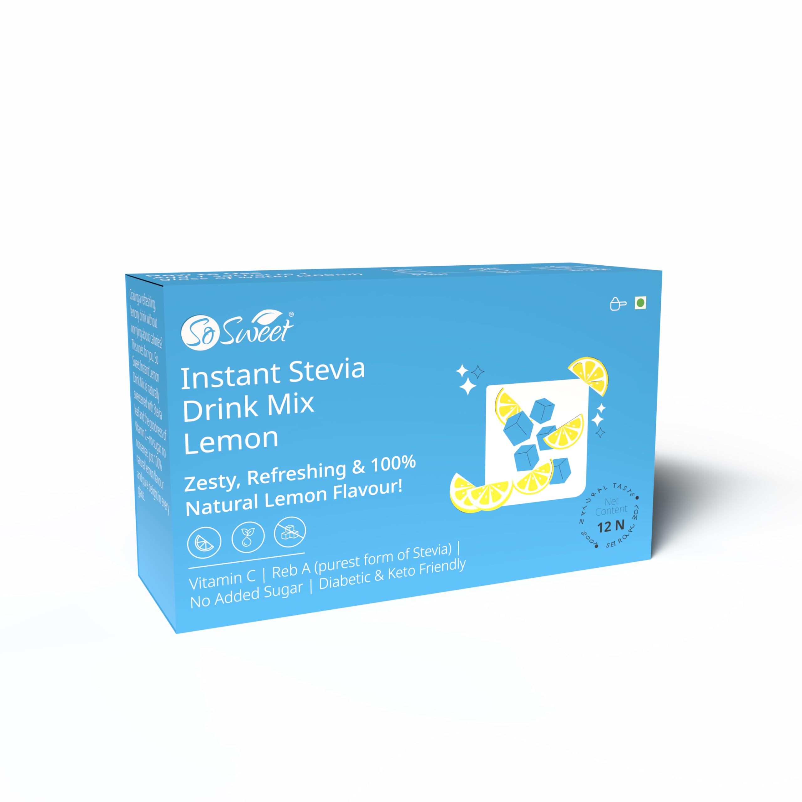 So Sweet Stevia Lemon Instant Drink Mix Sugar Free | Zero Calories| Enrich with Vitamin C | 12 Sachets