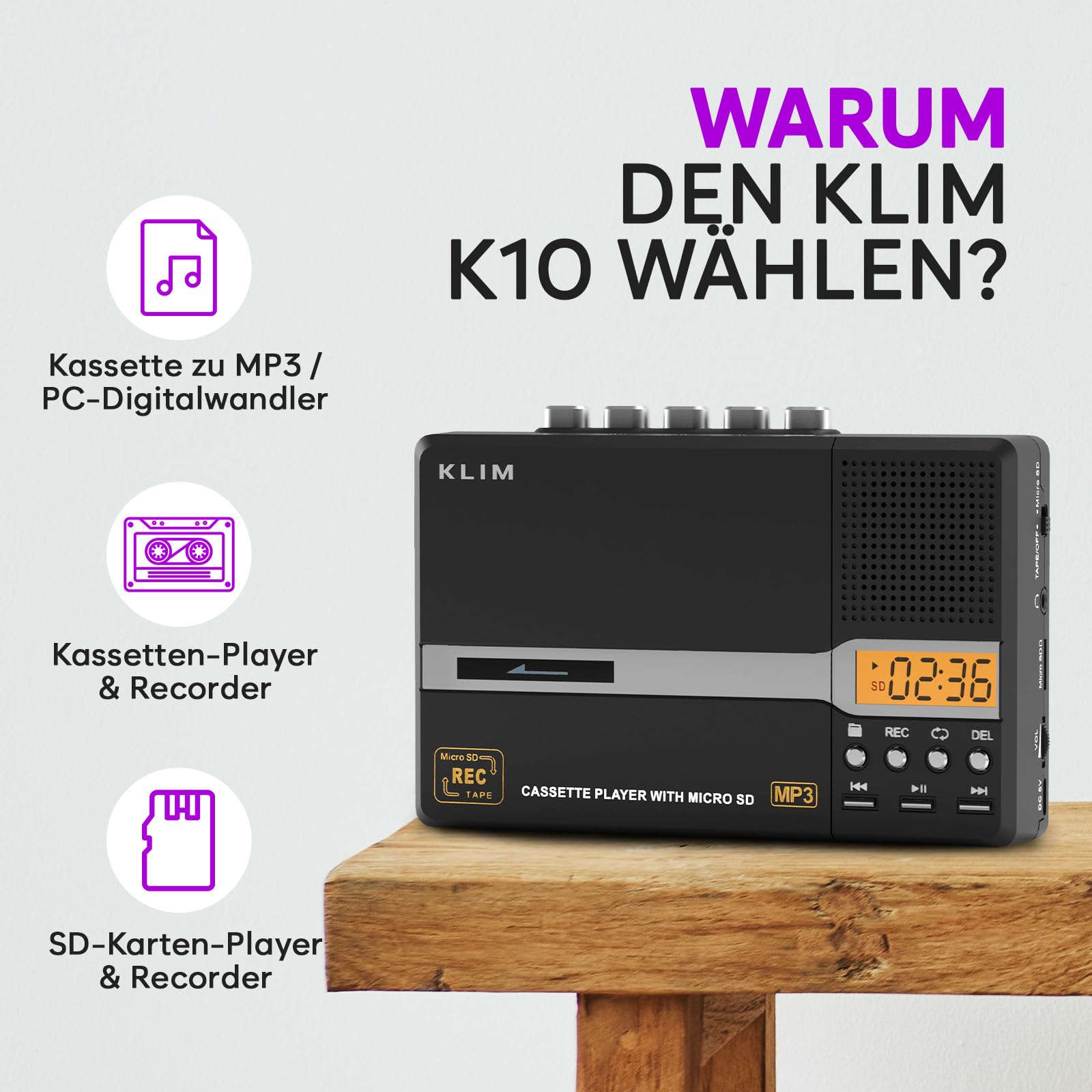 KLIM K10 Tragbare Kassettenspieler & Kassettenrecorder, Cassette Player & Kassette zu MP3 Konverter + Eingebautes Mikrofon & Lautsprecher + USB PC Transfer + Batterien/USB + 8GB SD Karte + Kopfhörer