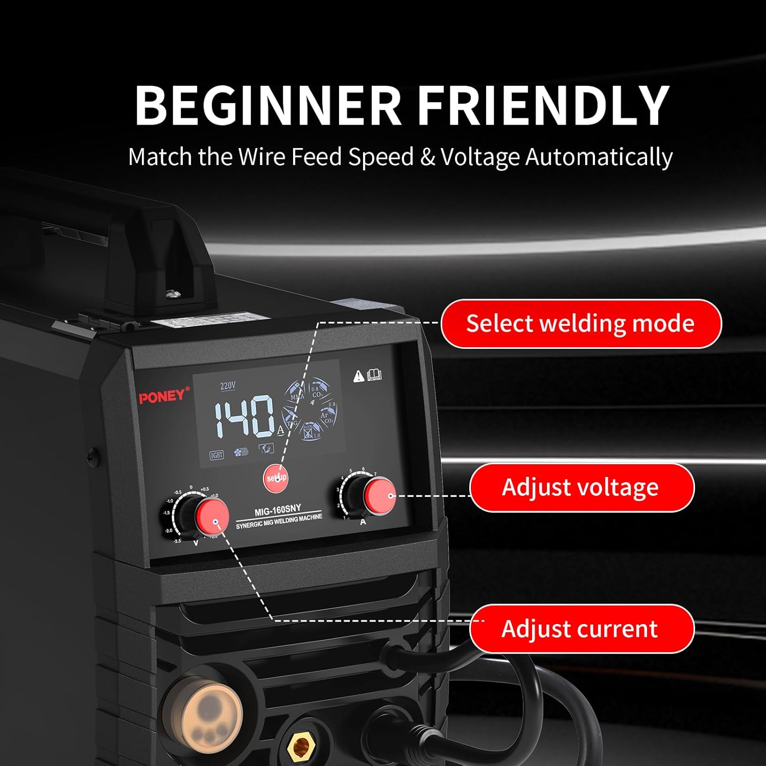 PONEY 140A MIG Welding Machine 110V/220V - 5 in 1 MIG/MAG/FLUX/TIG LIFT/MMA Welder Machine with Synergic Control IGBT Inverter and Digital Screen Display