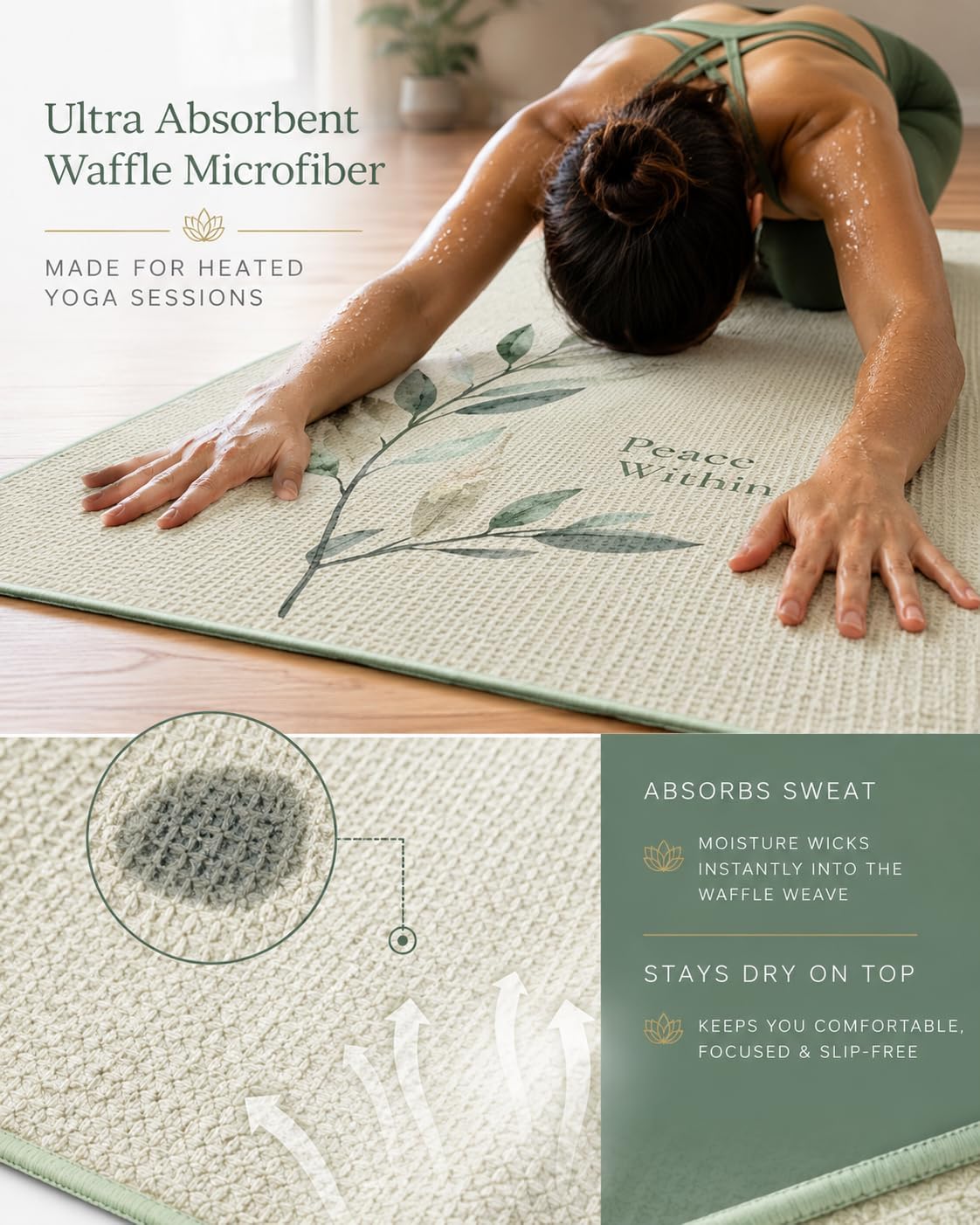 COREMOTION Yoga Towel Non Slip, Waffle Material, Super Absorbent, Quick Dry, Multipurpose for Hot Yoga, Pilates, Gym, 24 x 72, Light Green. Peace Within